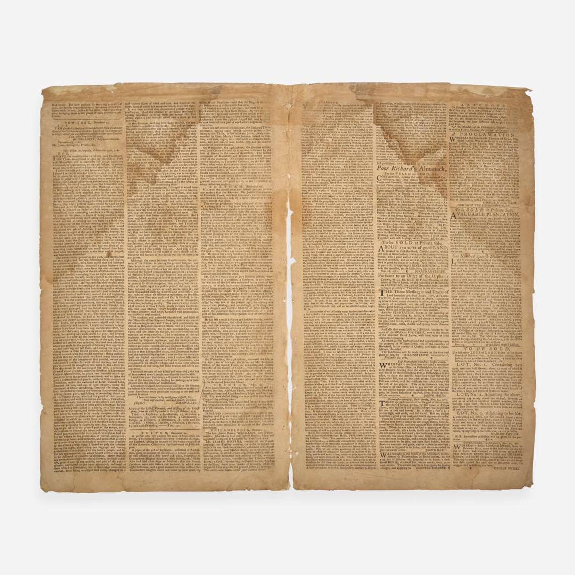 [American Revolution] [Cornwallis, Charles] The Pennsylvania Gazette, and Weekly Advertiser