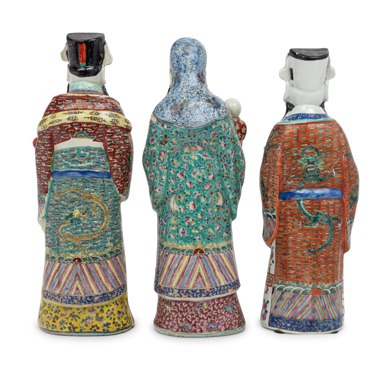 Three Chinese Famille Rose Porcelain Figures of Daoist Immortals