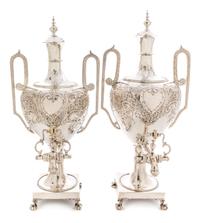 A Pair of English Silver-Plate Tea Urns, Height 20 1/2 inches.
