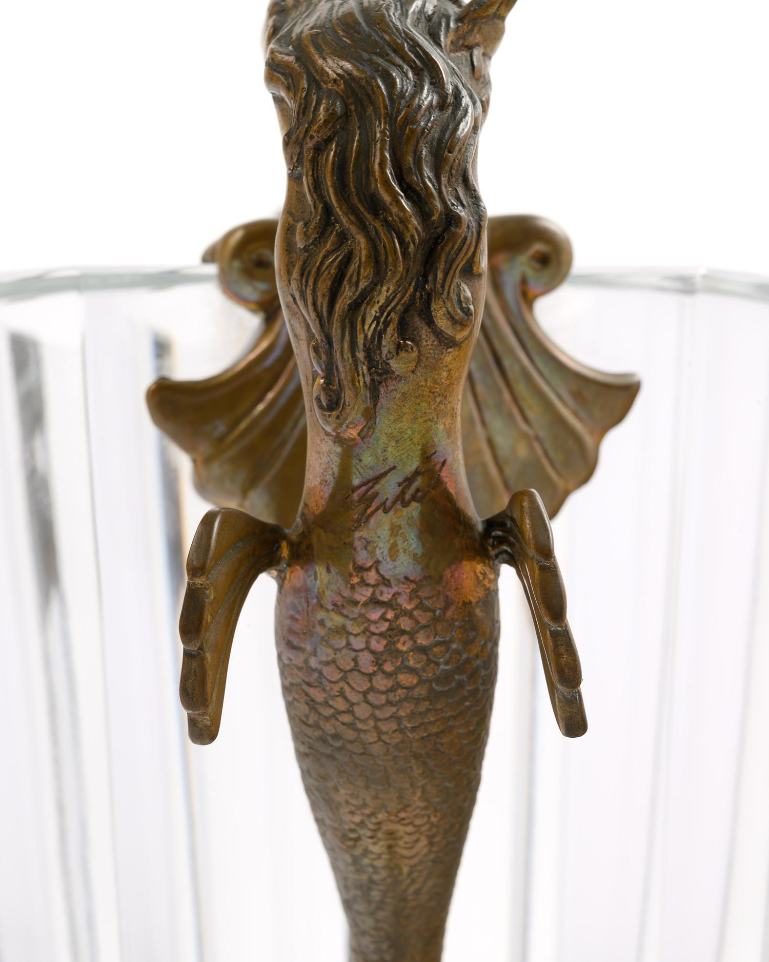 An Erté (Russian/French, 1892-1990) Gilt Bronze and Baccarat Glass Sea Maidens Vase