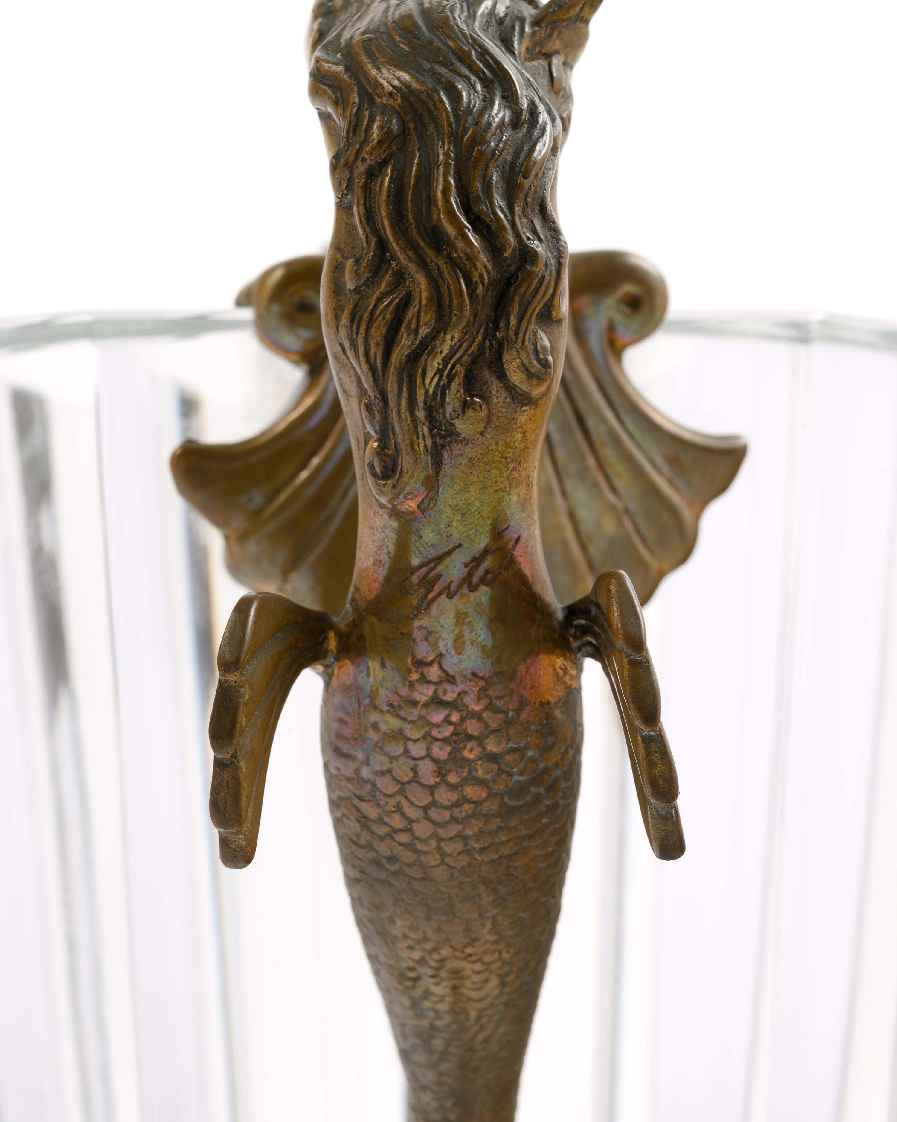 An Erté (Russian/French, 1892-1990) Gilt Bronze and Baccarat Glass Sea Maidens Vase
