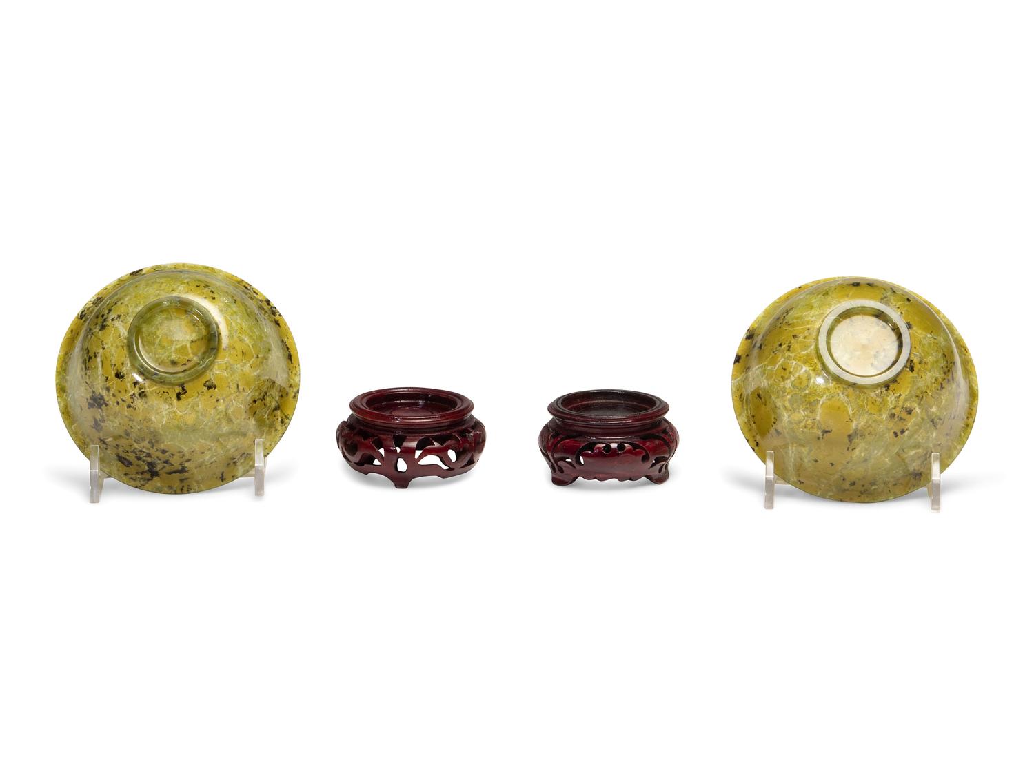 A Pair of Chinese Carved Spinach Jade Bowls