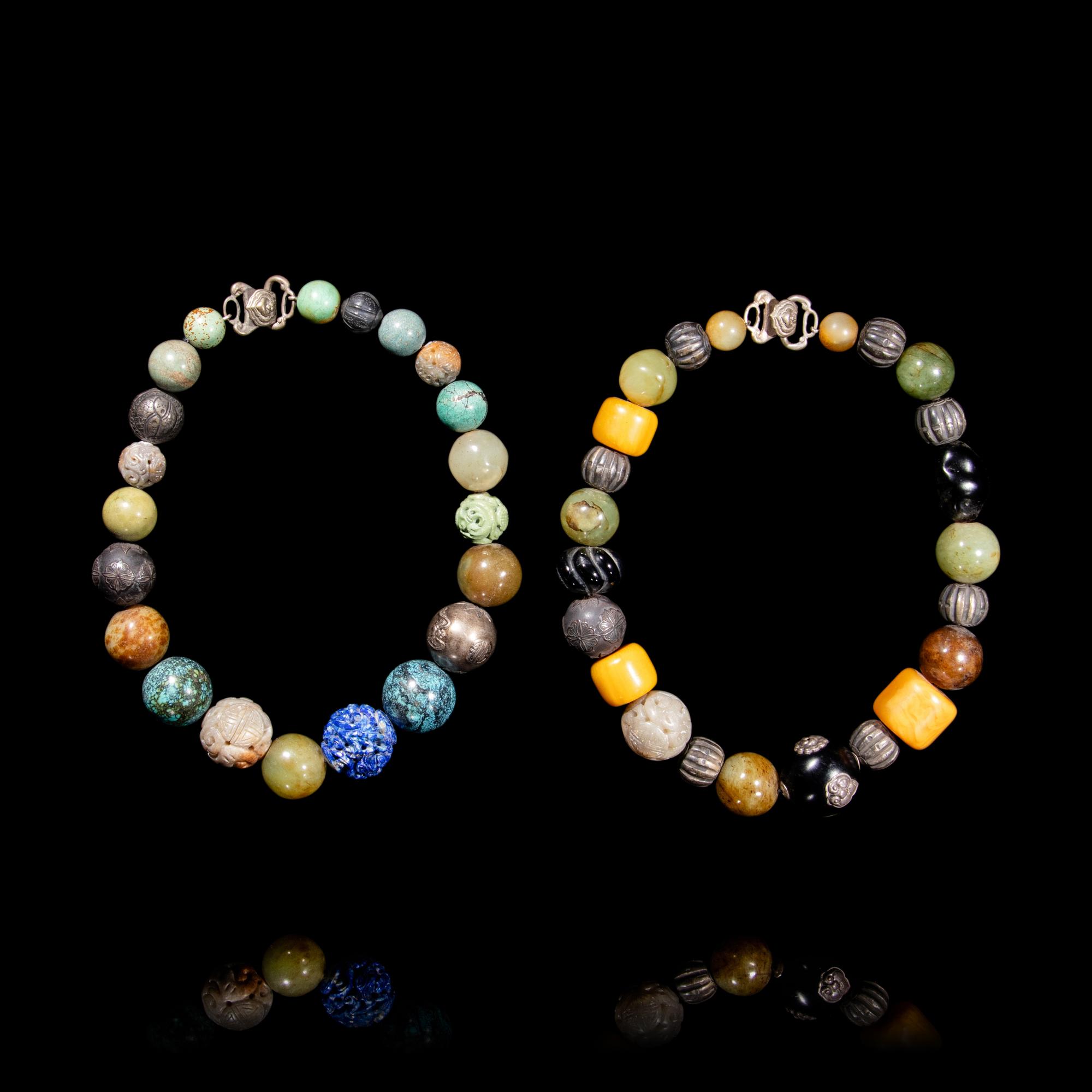 Two Chinese Agate, Jade, Metal, Turquoise, and Hardstone Beaded Necklaces, Duobaochuan, 19th-20th Century 晚清-近代 玛瑙、玉、松石、青金、水晶等多宝串兩條