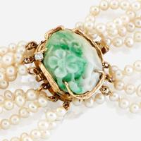 A cultured pearl, jade, diamond, and gold necklace