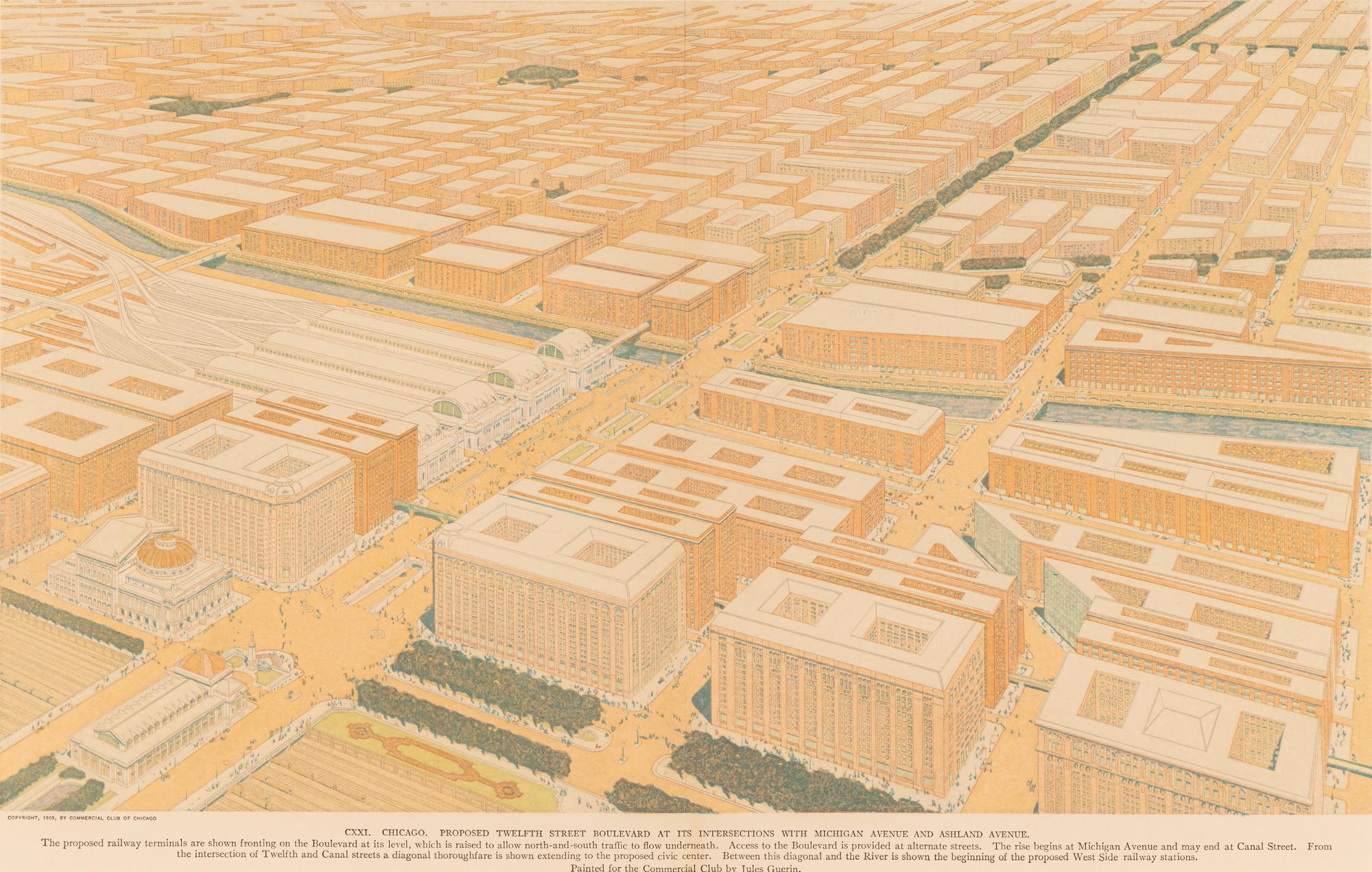 [CHICAGO]. BURNHAM, Daniel. A group of 6 prints and elevations from Burnham's Plan of Chicago , published by the Commercial Club of Chicago, 1909.