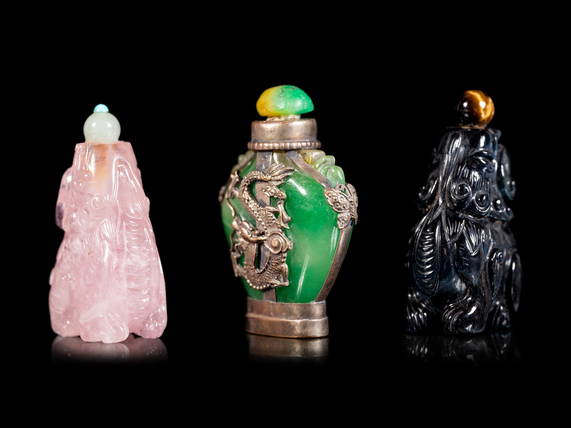 Three Chinese Jadeite and Hardstone Snuff Bottles