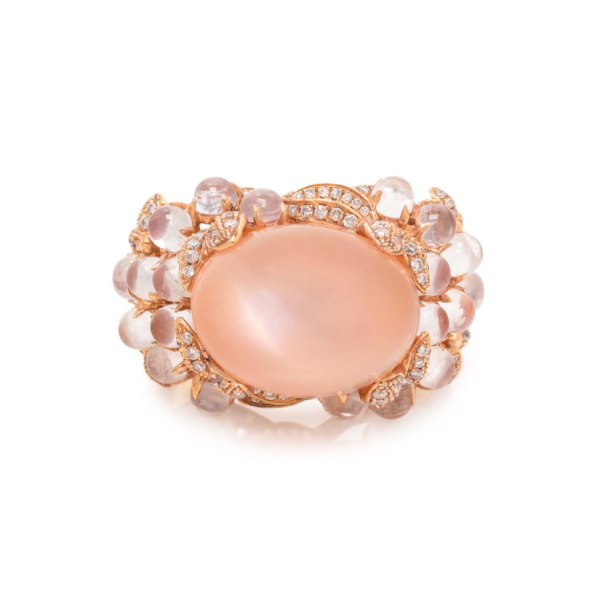 ORANGE CAT'S EYE MOONSTONE, DIAMOND AND MOONSTONE RING