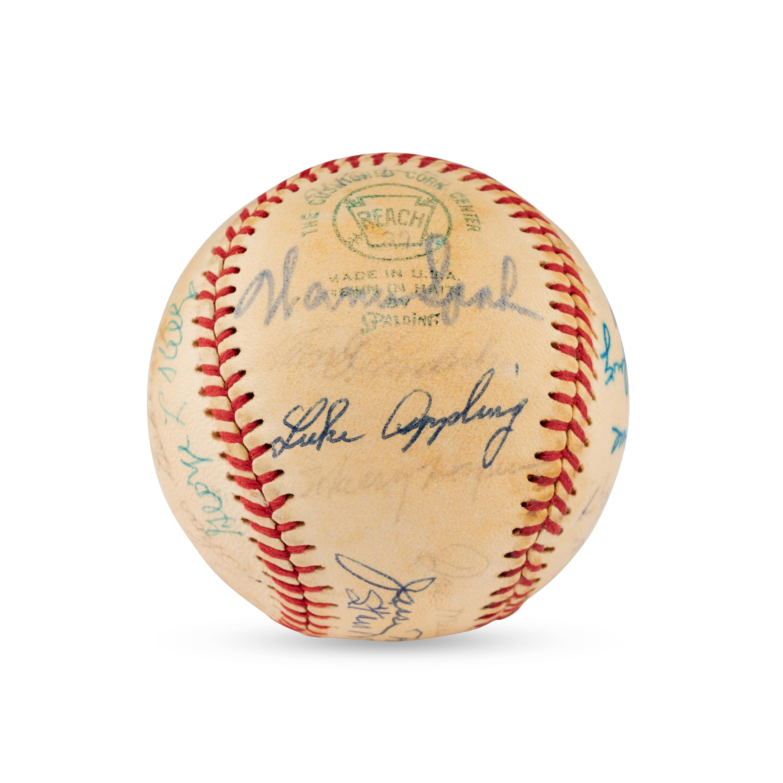 A 1972 Hall of Fame Weekend Multi Signed Autograph Baseball Featuring Hank Greenberg, Satchel Paige and Casey Stengel (JSA Letter of Authenticity),