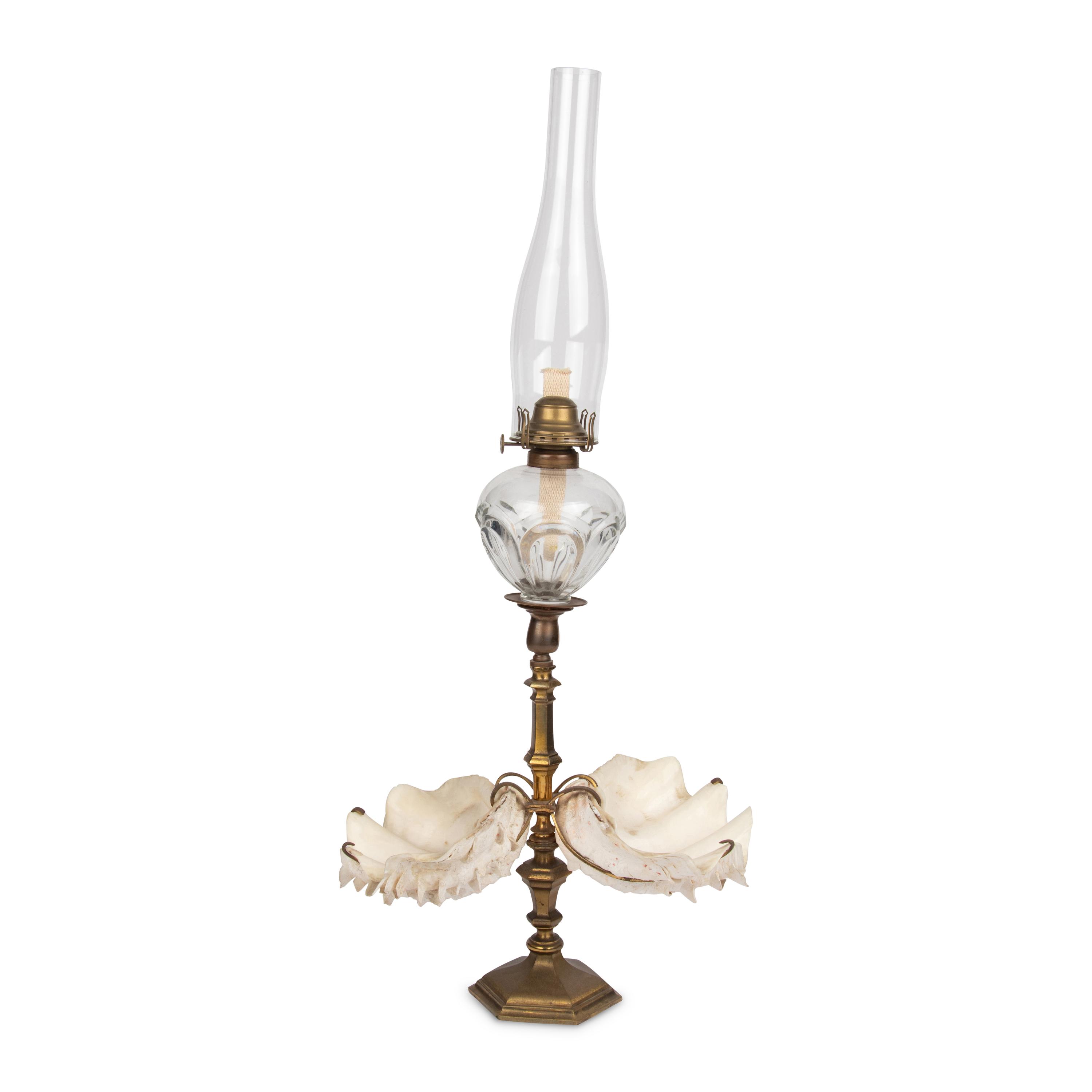 A Gilt Bronze and Clamshell Mounted Glass Oil Lamp
