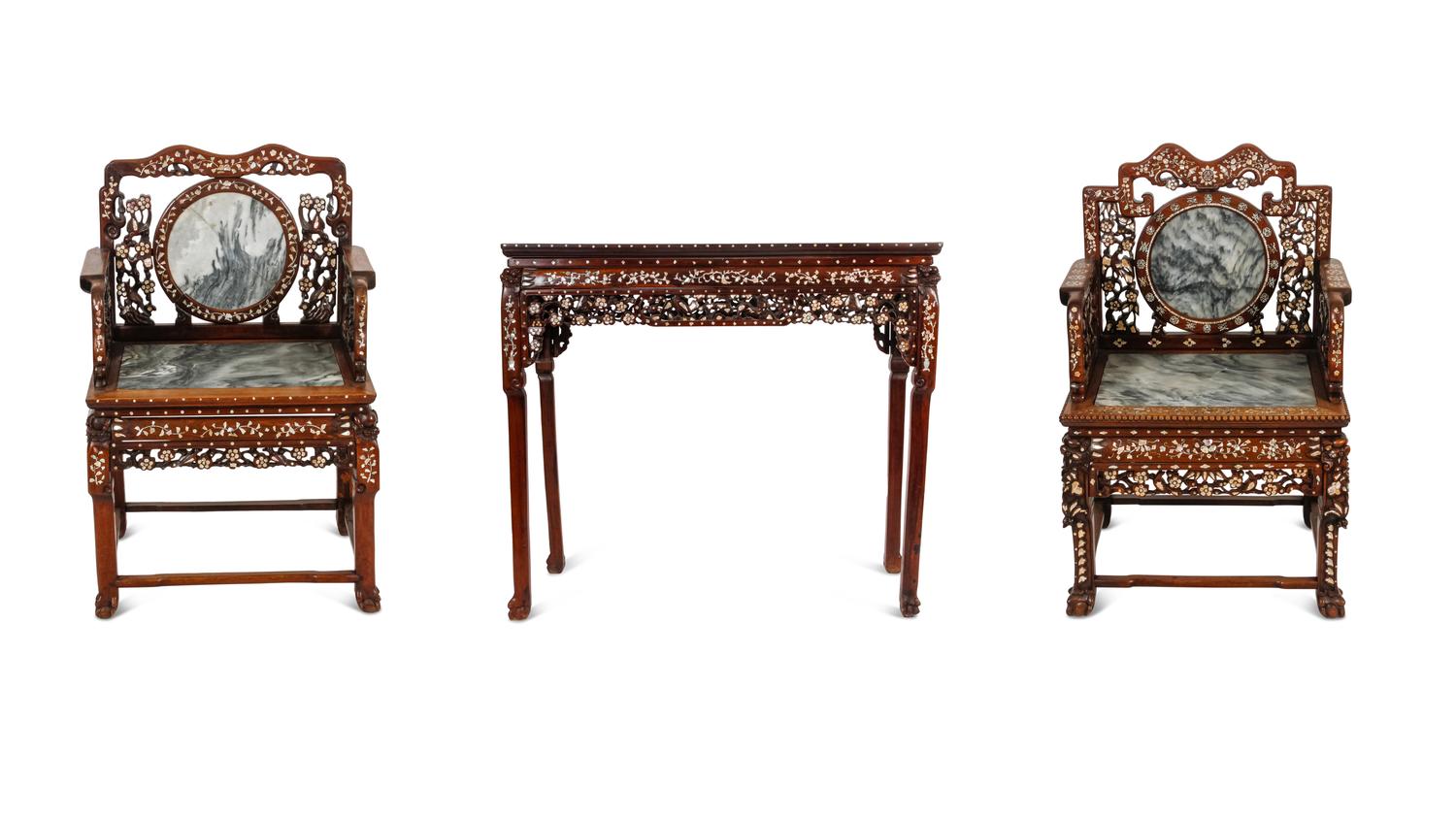 A Mother-of-Pearl Inlaid Rosewood Altar Table and Three Armchairs