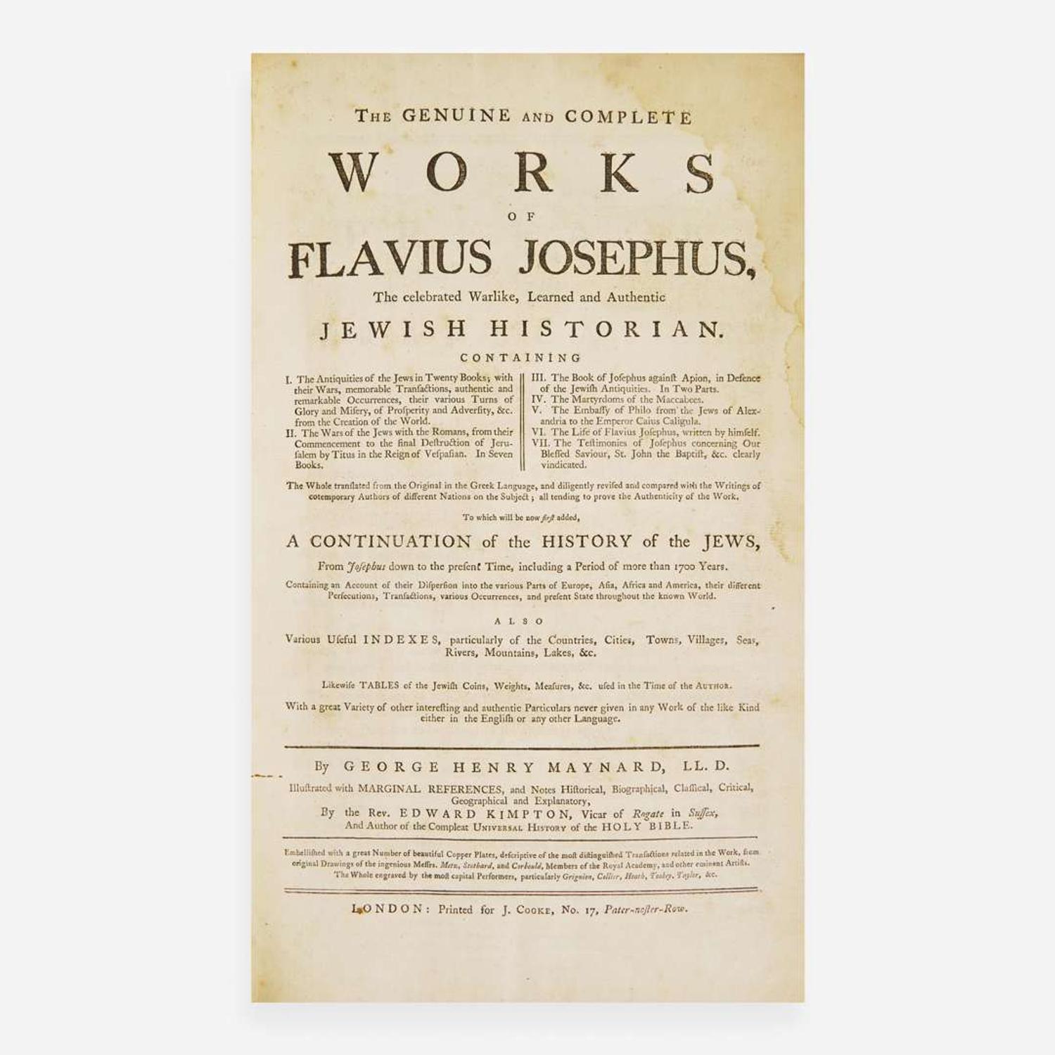 [Blake, William] Maynard, George Henry The Genuine and Complete Works of Flavius Josephus, The celebrated Warlike, Learned and Authentic Jewish Historian...