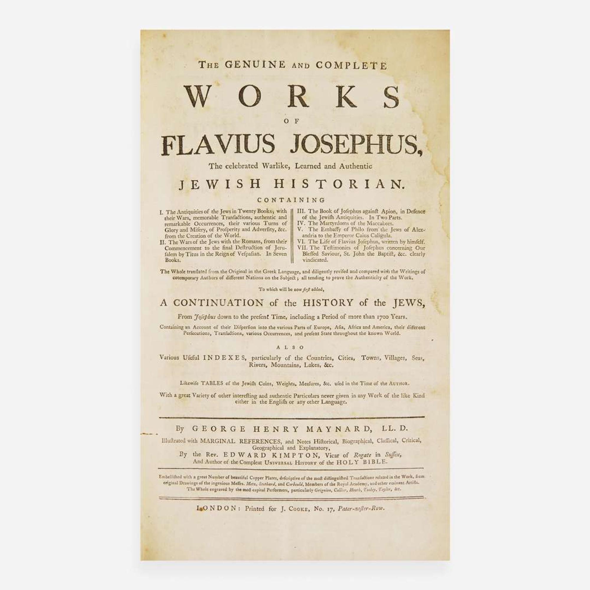 [Blake, William] Maynard, George Henry The Genuine and Complete Works of Flavius Josephus, The celebrated Warlike, Learned and Authentic Jewish Historian...
