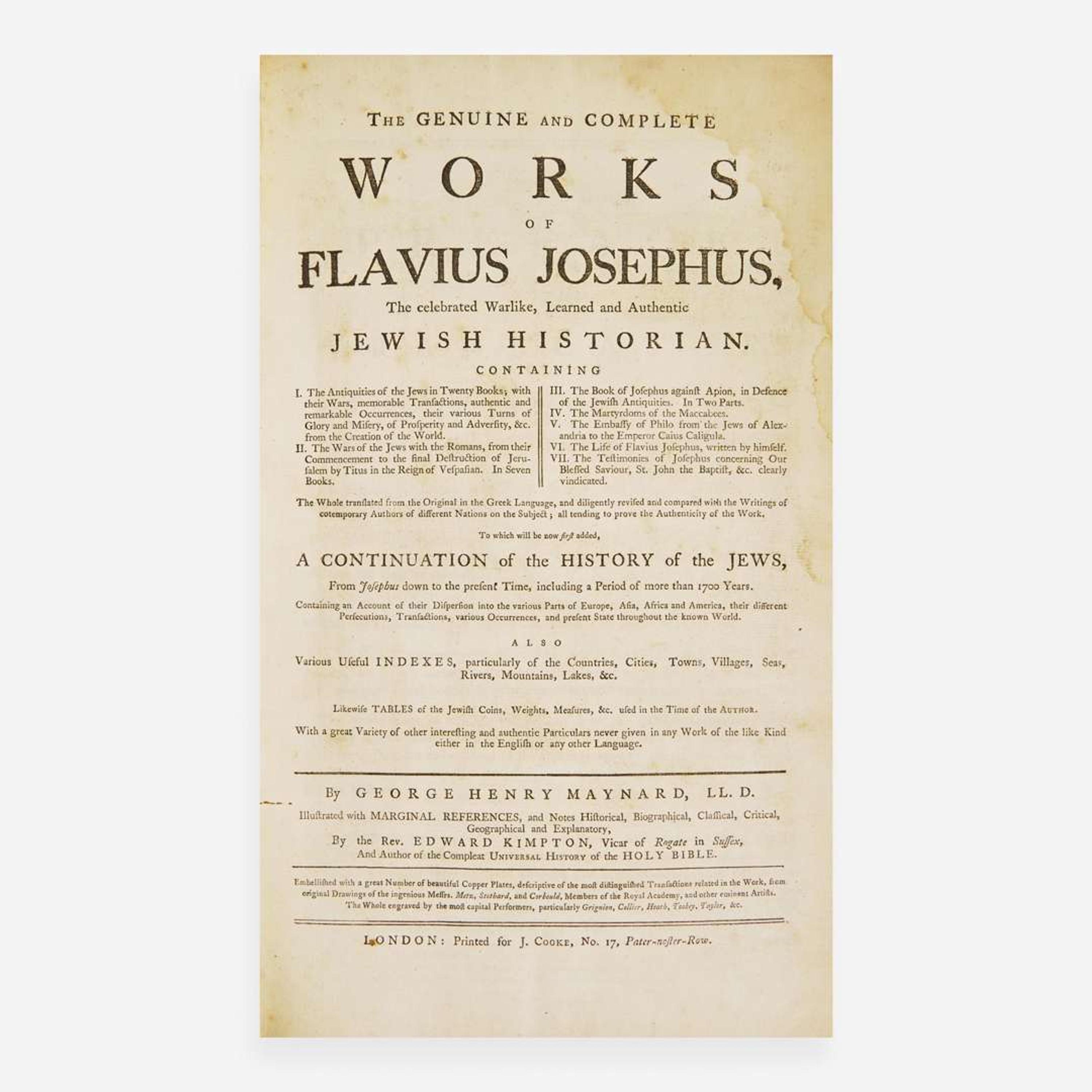 [Blake, William] Maynard, George Henry The Genuine and Complete Works of Flavius Josephus, The celebrated Warlike, Learned and Authentic Jewish Historian...