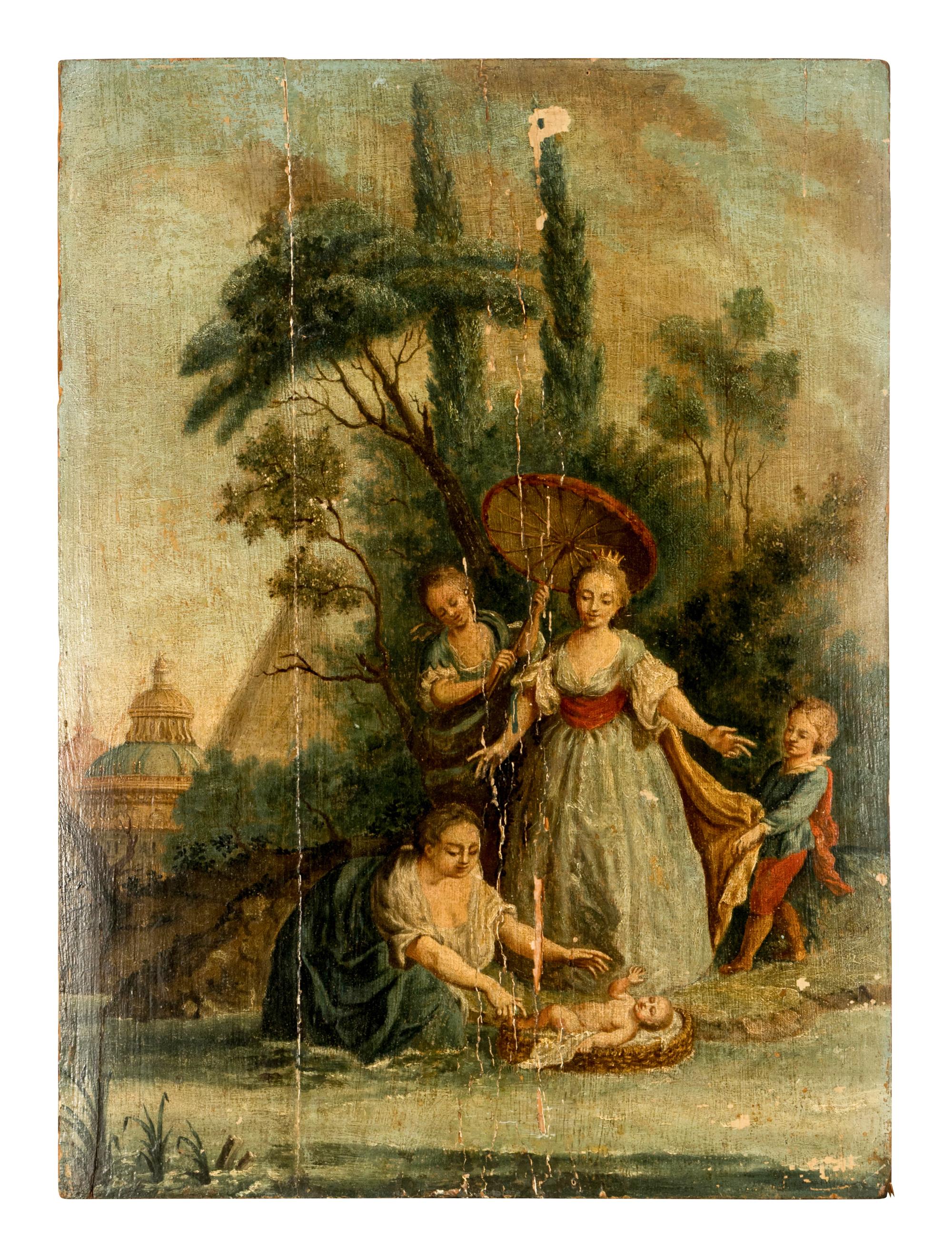 A Continental Painted Panel Depicting Moses Saved from the Waters
