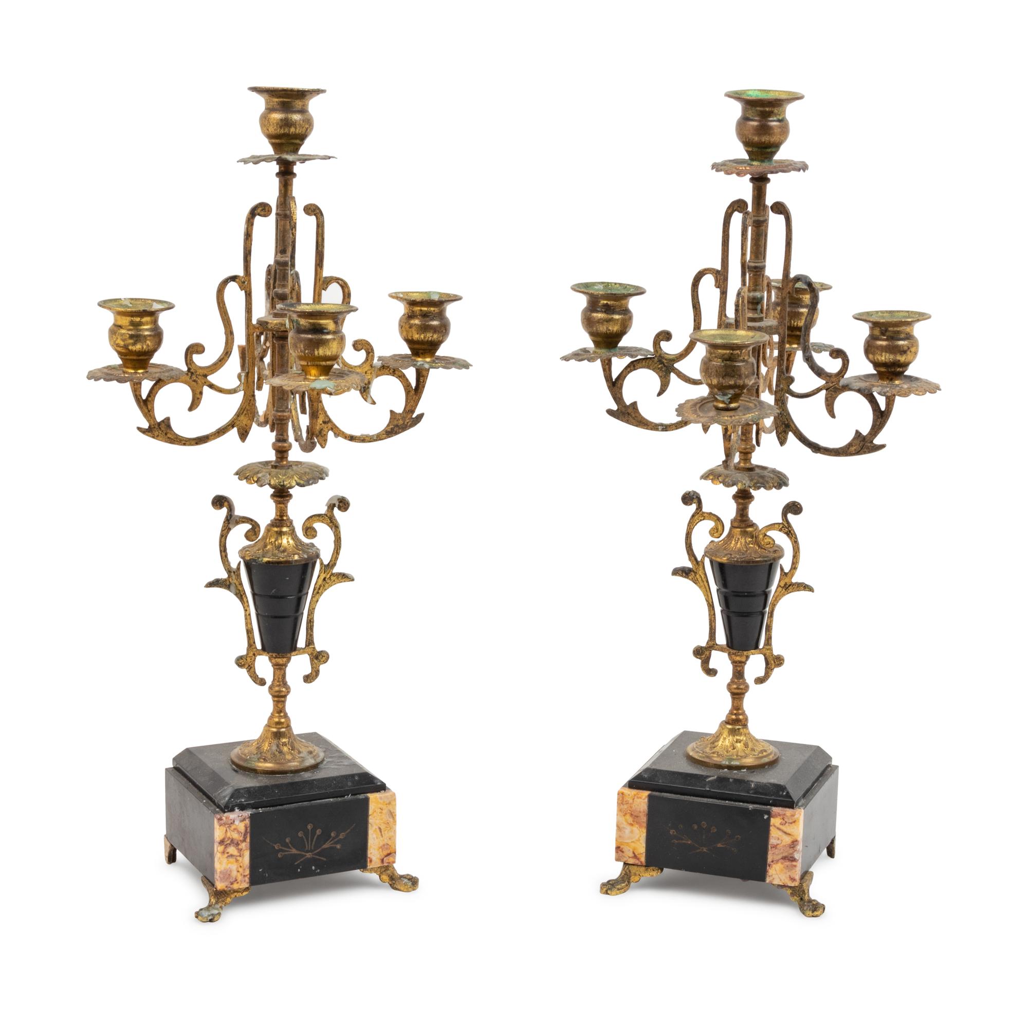 A Pair of Victorian Brass and Marble Five-Light Candelabra