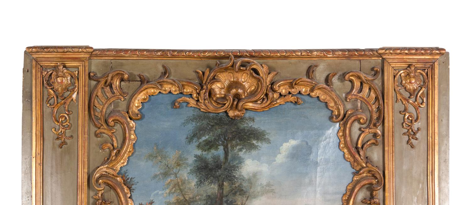 A Louis XV Green-Painted and Parcel-Gilt Trumeau Mirror