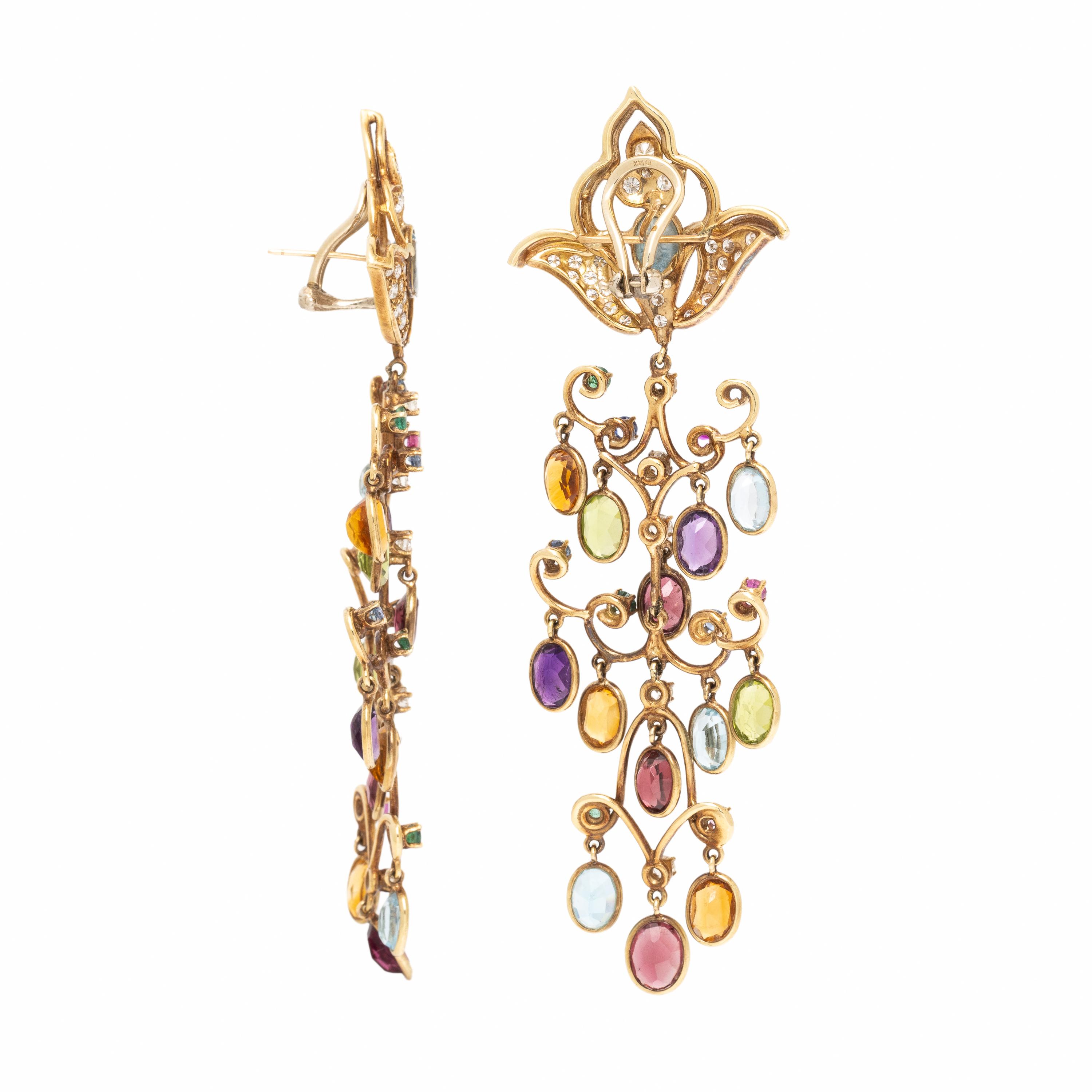 Multigem, Diamond, and Yellow Gold Chandelier Earrings