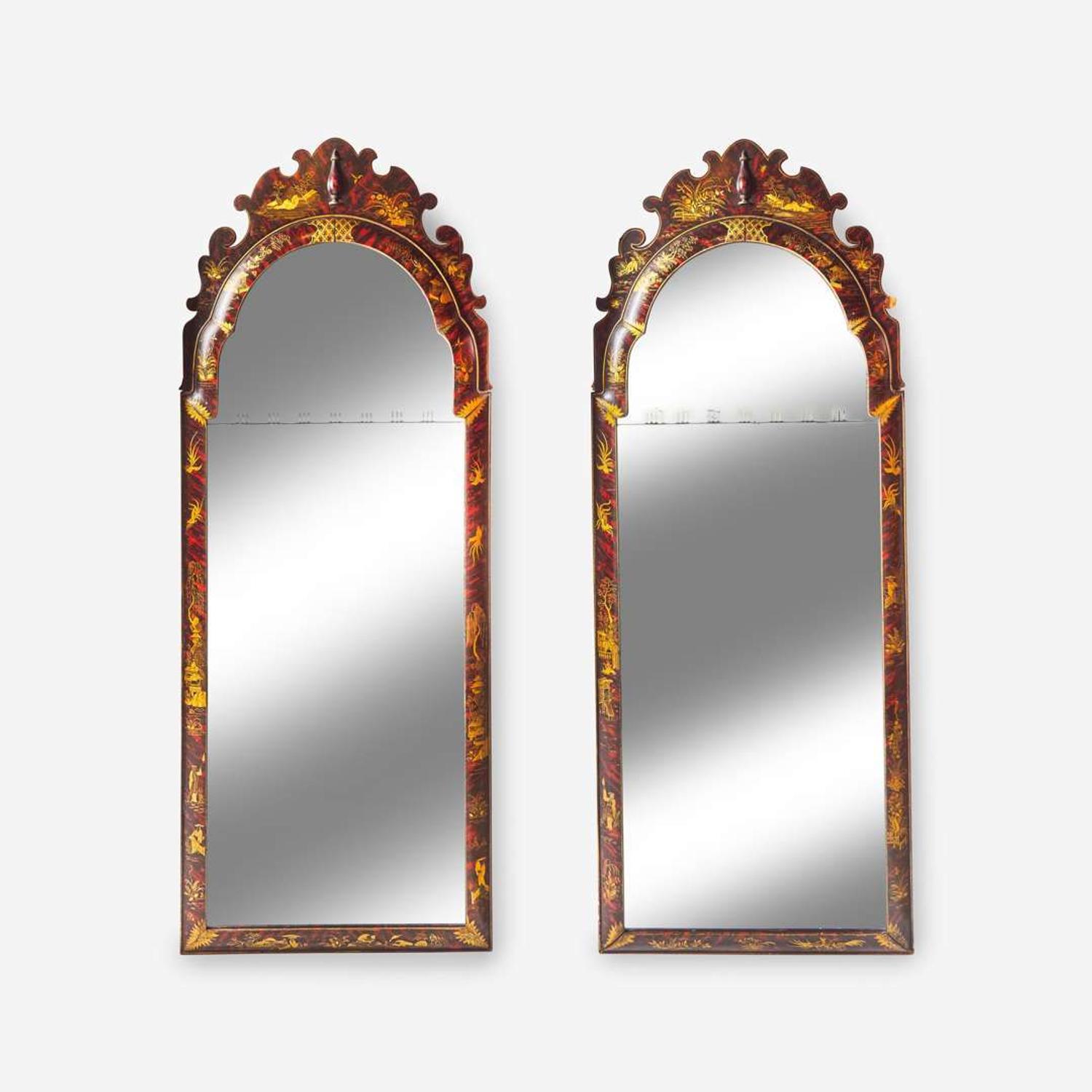 A large pair of Queen Anne style japanned mirrors early 20th century