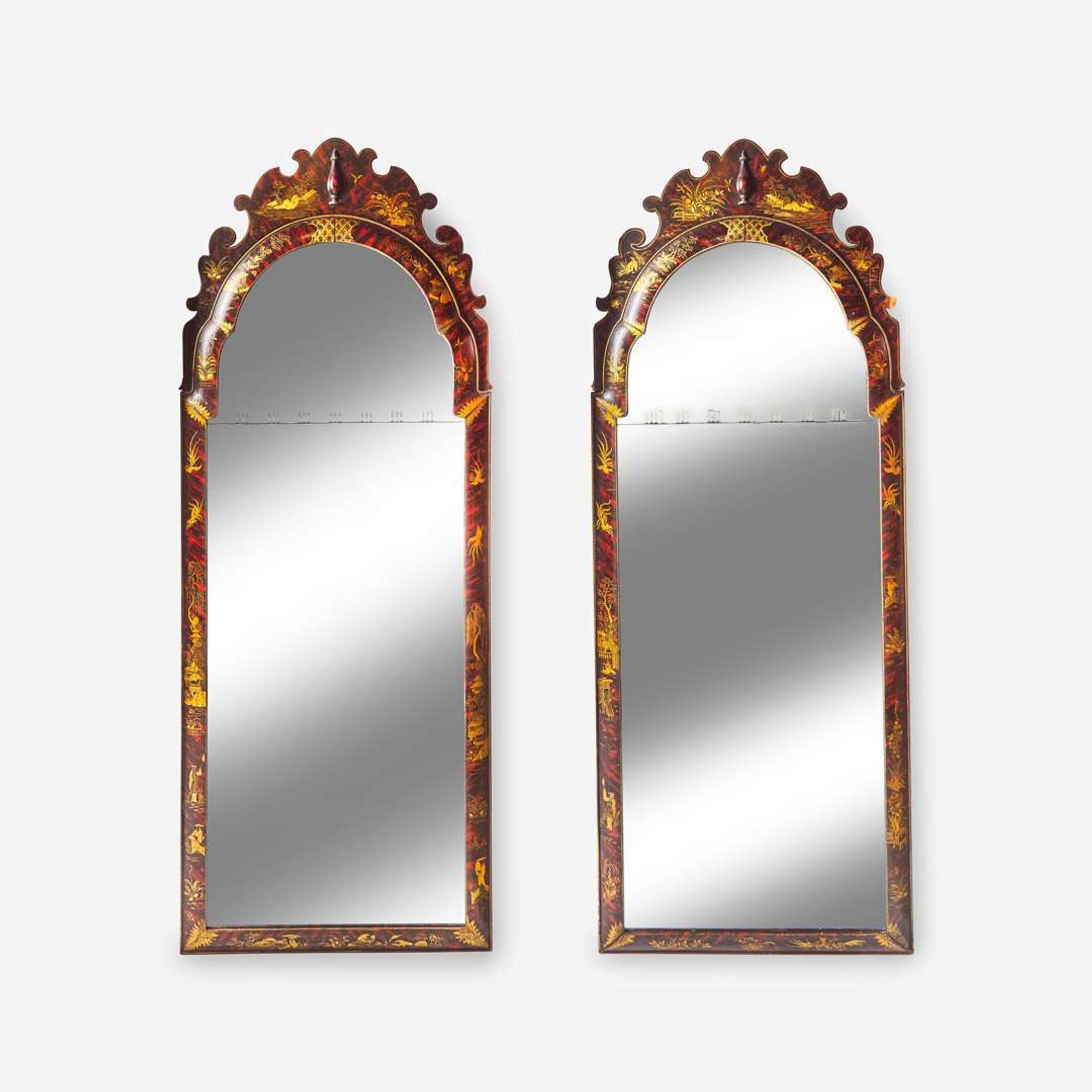 A large pair of Queen Anne style japanned mirrors early 20th century