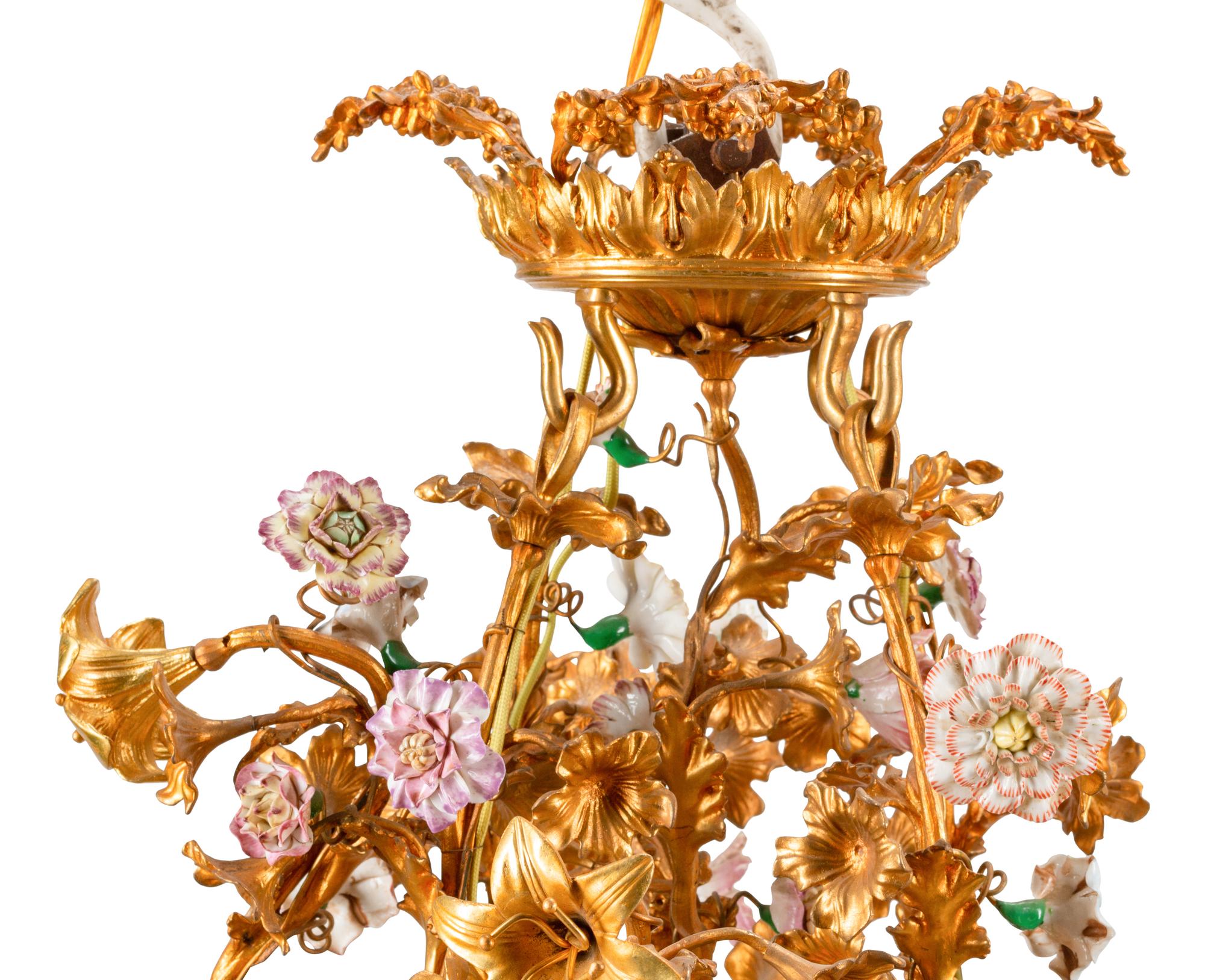 A Louis XV Style Gilt Bronze and Porcelain Basket-Form Chandelier