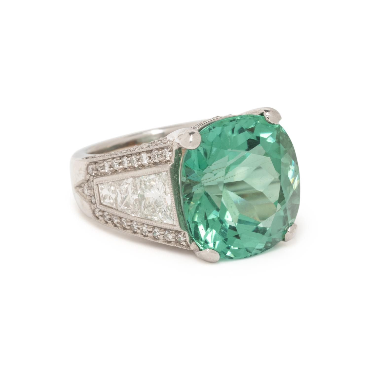 PLATINUM, GREEN TOURMALINE, AND DIAMOND RING