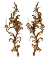 A Pair of Italian Baroque Style Carved Giltwood Three-Light Large Sconces