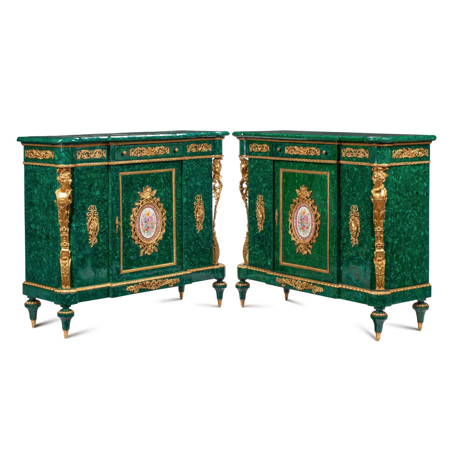A Pair of Louis XVI Style Gilt Bronze Mounted and Malachite Veneered Cabinets