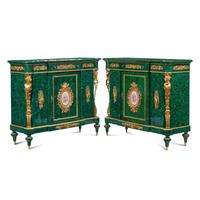 A Pair of Louis XVI Style Gilt Bronze Mounted and Malachite Veneered Cabinets