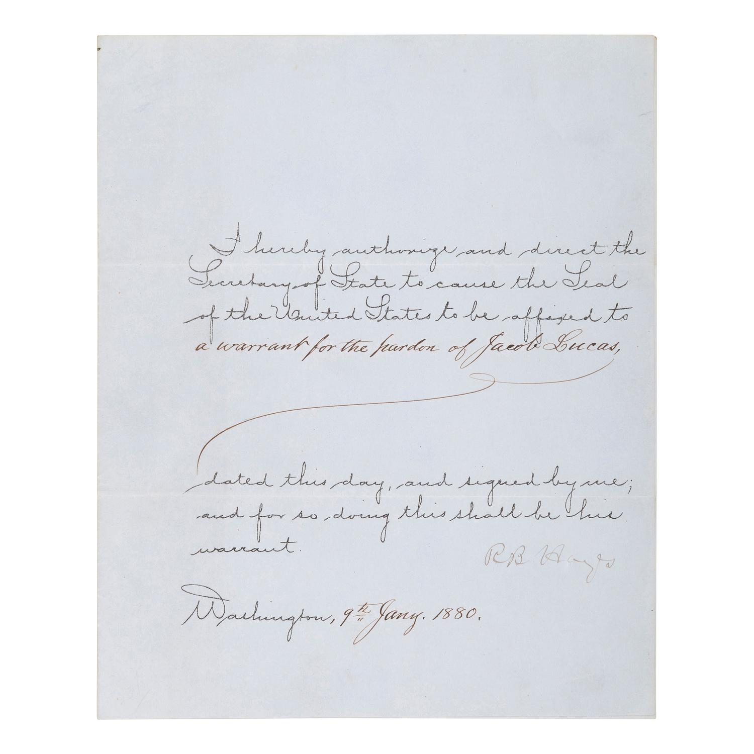 HAYES, Rutherford B. (1822-1893). Partly-printed document signed ("R.B. Hayes"), as President of the United States. Washington DC, 9 January 1880. 1 page, 4to, old creases.