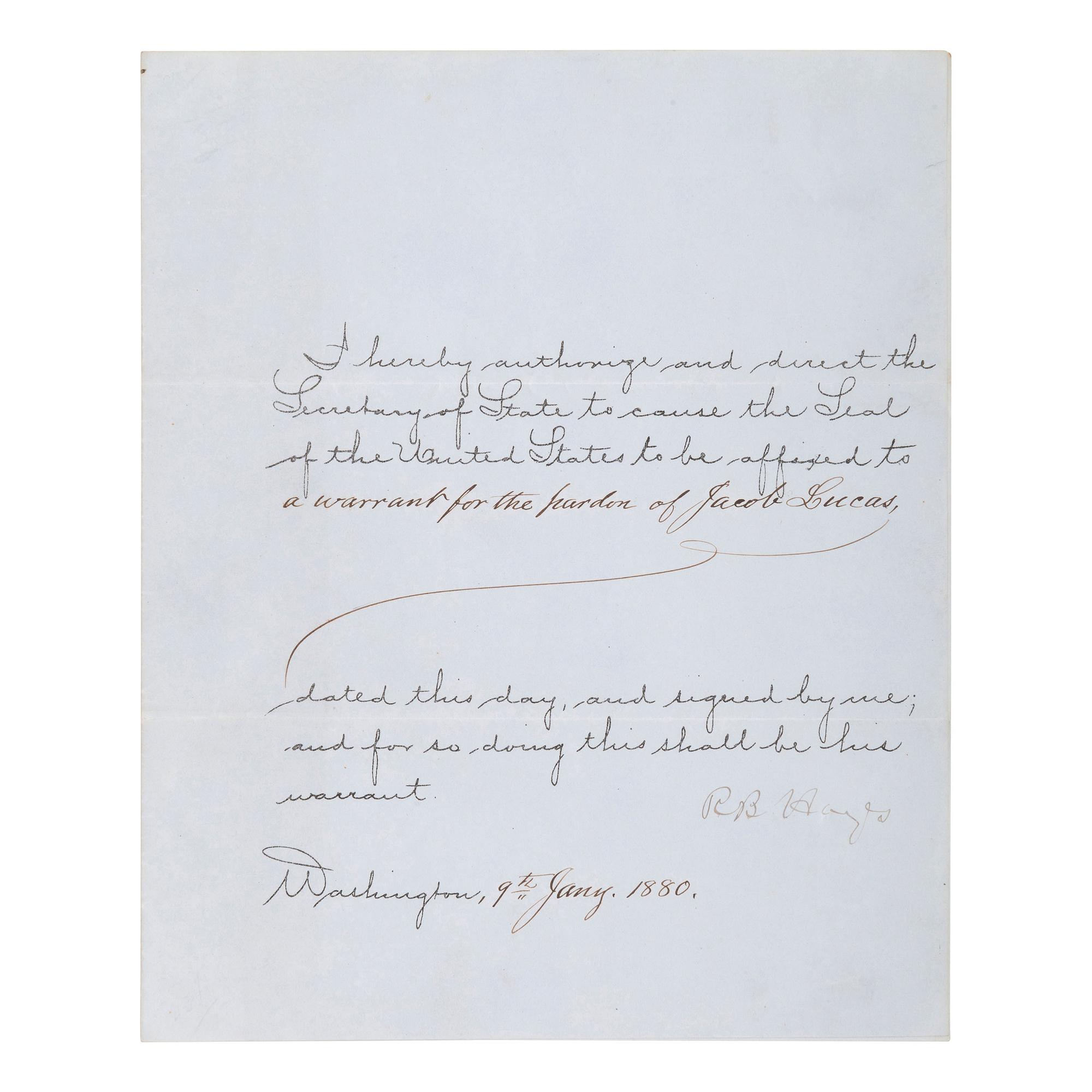 HAYES, Rutherford B. (1822-1893). Partly-printed document signed ("R.B. Hayes"), as President of the United States. Washington DC, 9 January 1880. 1 page, 4to, old creases.