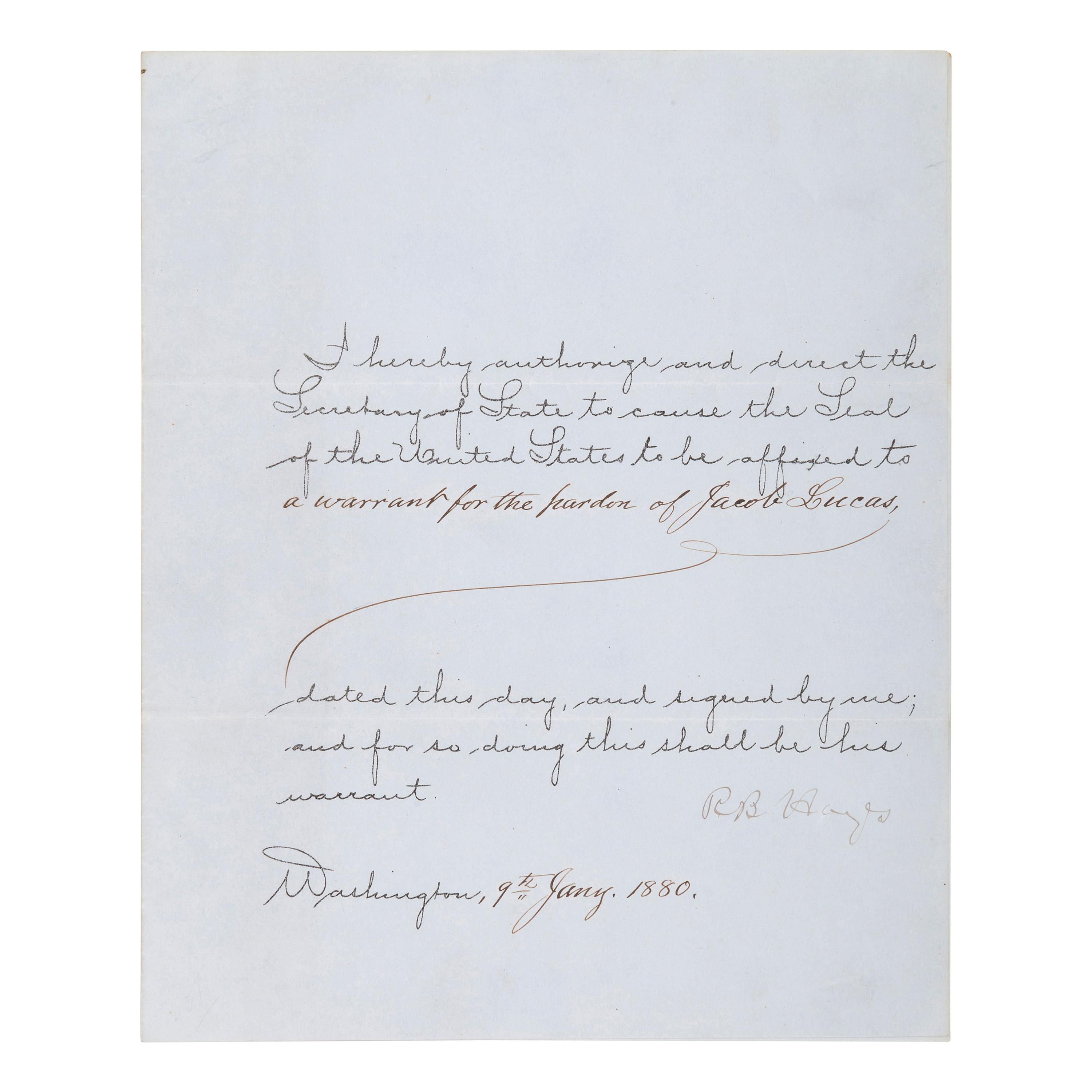 HAYES, Rutherford B. (1822-1893). Partly-printed document signed ("R.B. Hayes"), as President of the United States. Washington DC, 9 January 1880. 1 page, 4to, old creases.