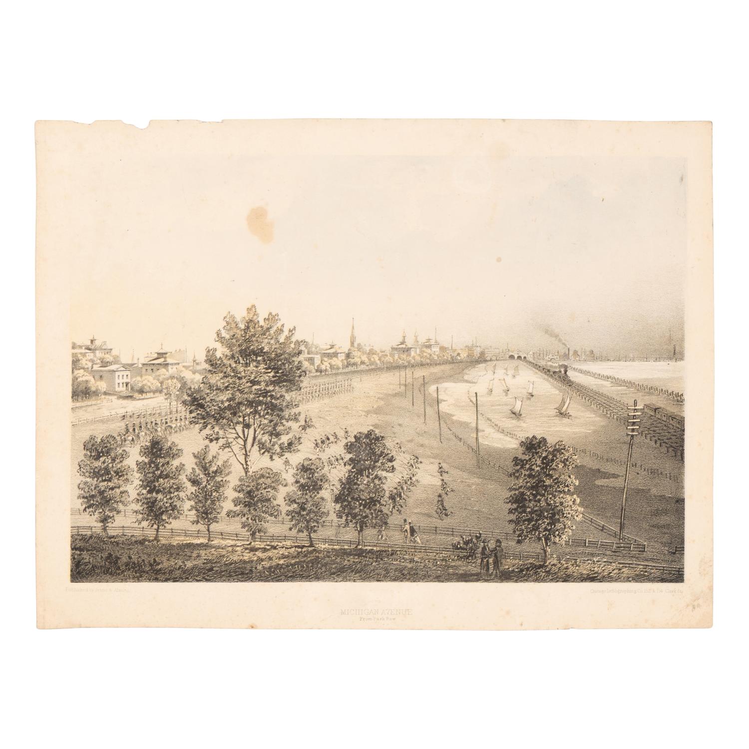 [Chicago Fire]. A group of 10 prints and 2 paintings, showing views of Chicago before and after the Great Fire, including: