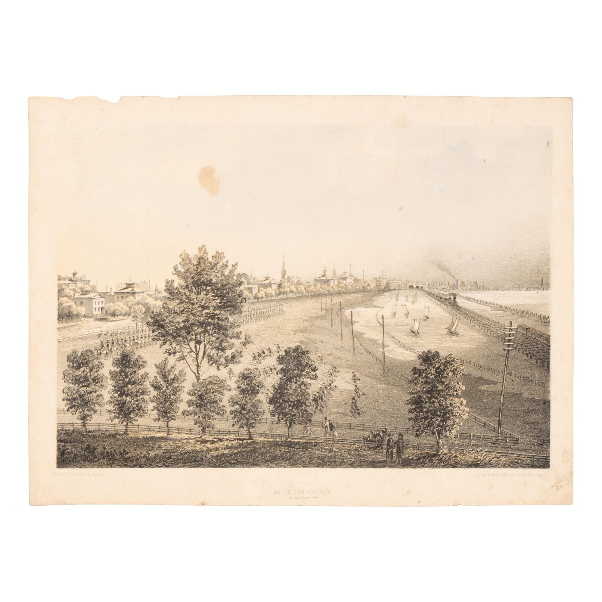 [Chicago Fire]. A group of 10 prints and 2 paintings, showing views of Chicago before and after the Great Fire, including:
