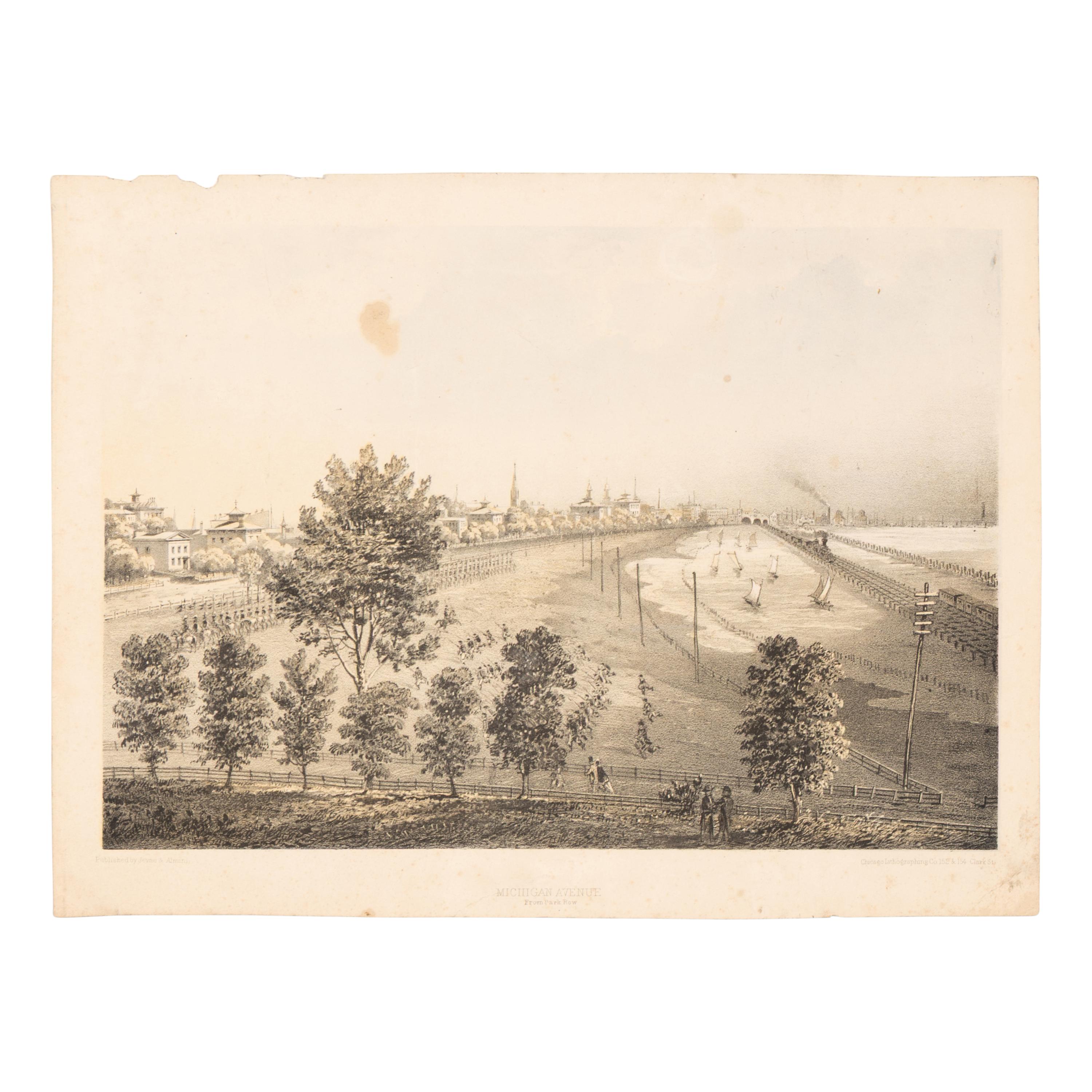 [Chicago Fire]. A group of 10 prints and 2 paintings, showing views of Chicago before and after the Great Fire, including: