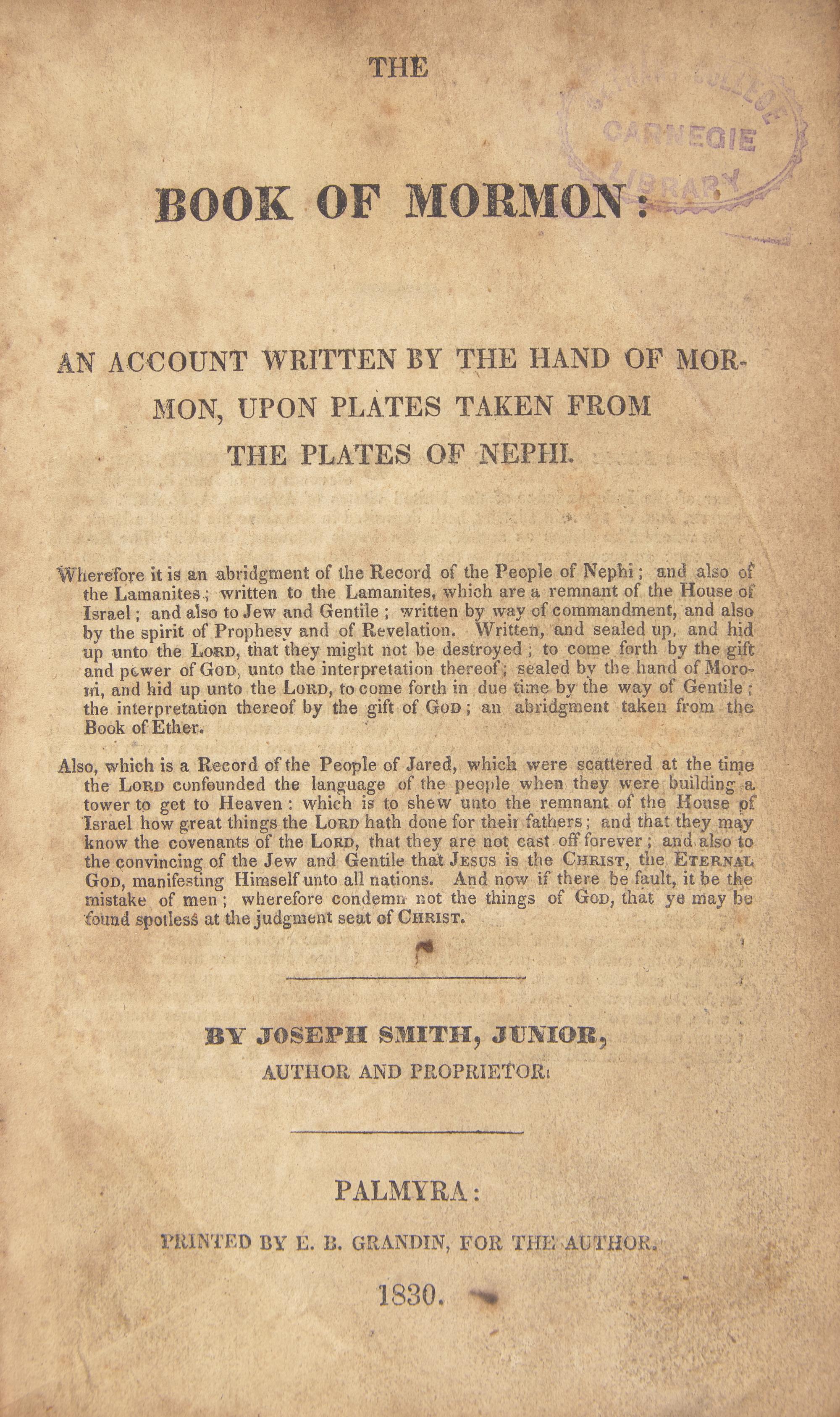 [Americana] Smith, Joseph. The Book of Mormon: An Account Written by the Hand of Mormon, Upon Plates Taken From the Plates of Nephi