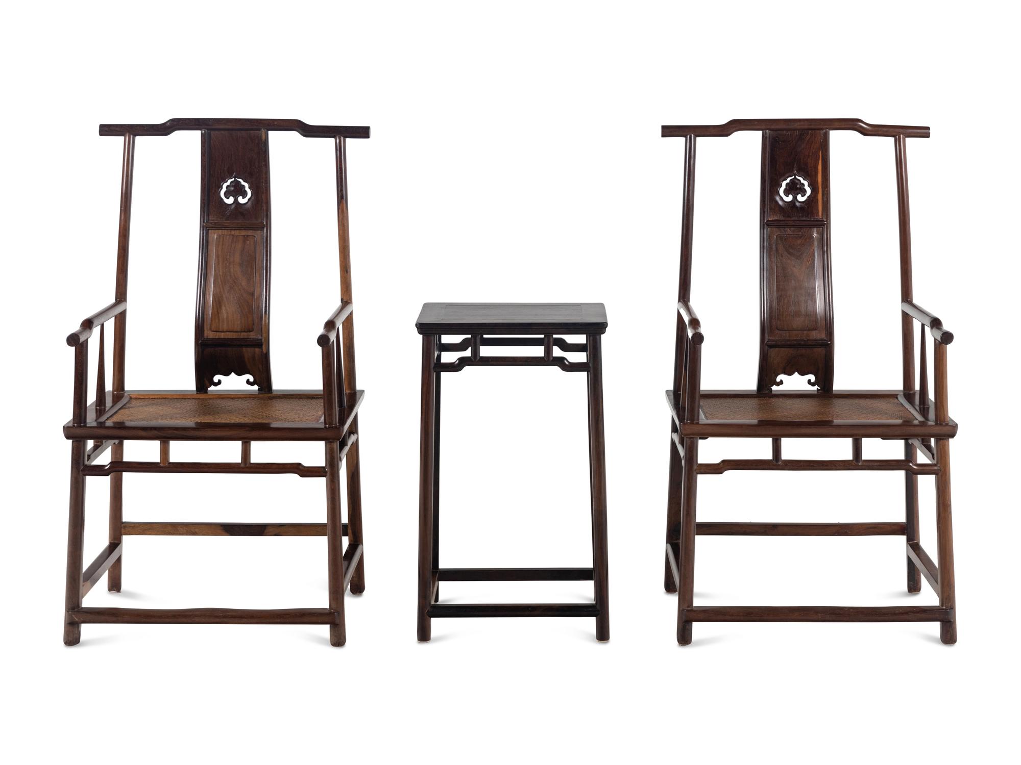 A Pair of Chinese Tielimu Official's Hat Chairs, Sichutouguanmaoyi and Matching Stand
