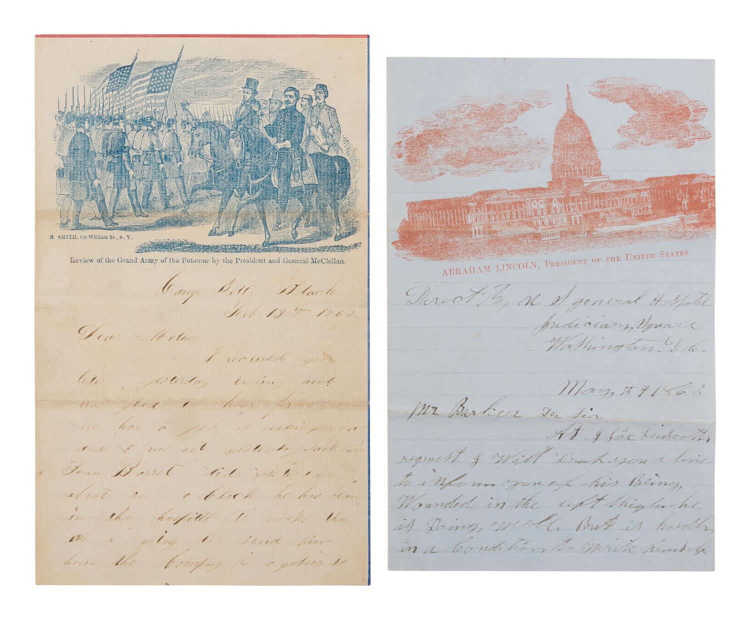 [LINCOLNIANA - CIVIL WAR]. Two illustrated lettersheets, both with soldier's letters.
