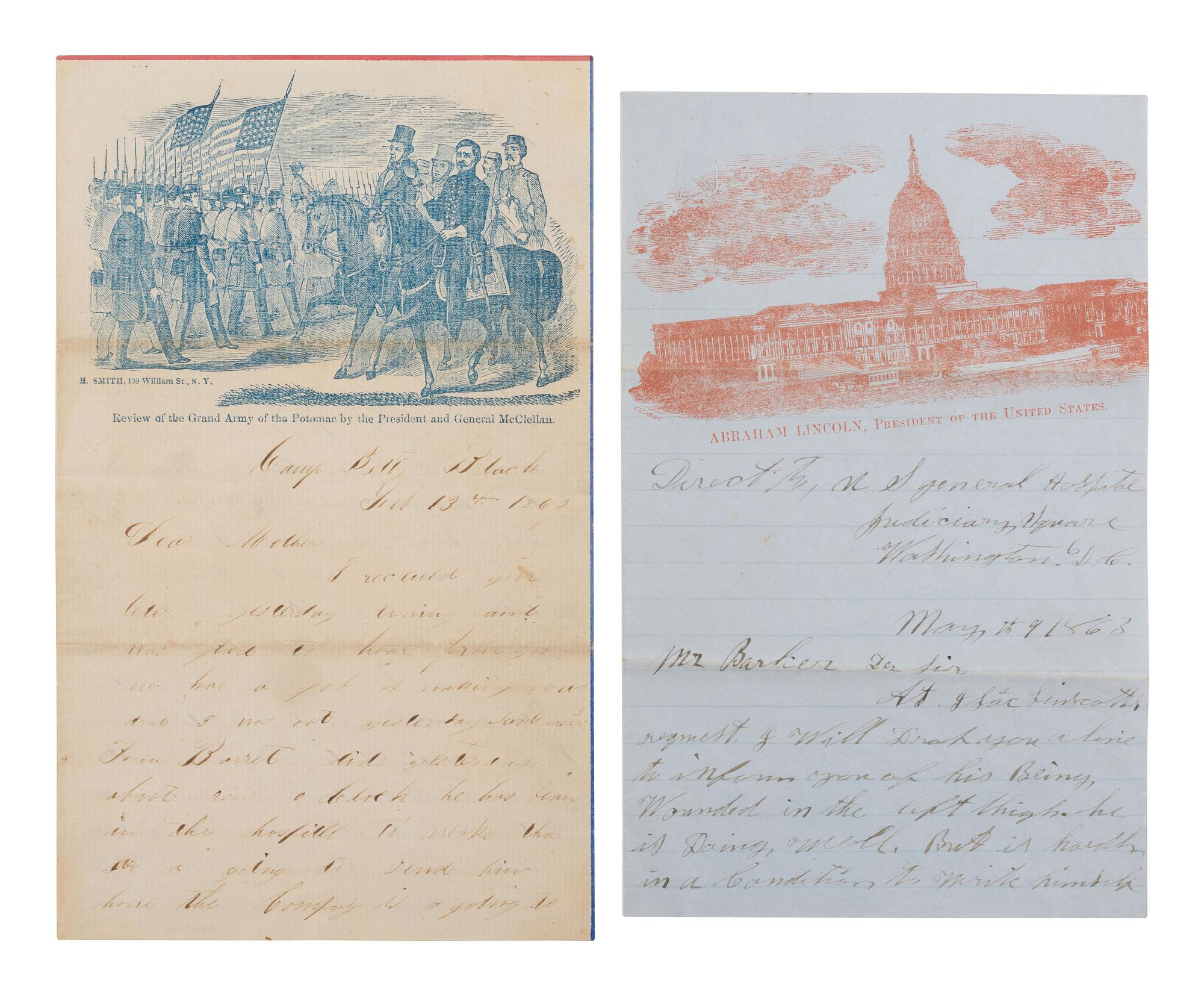 [LINCOLNIANA - CIVIL WAR]. Two illustrated lettersheets, both with soldier's letters.