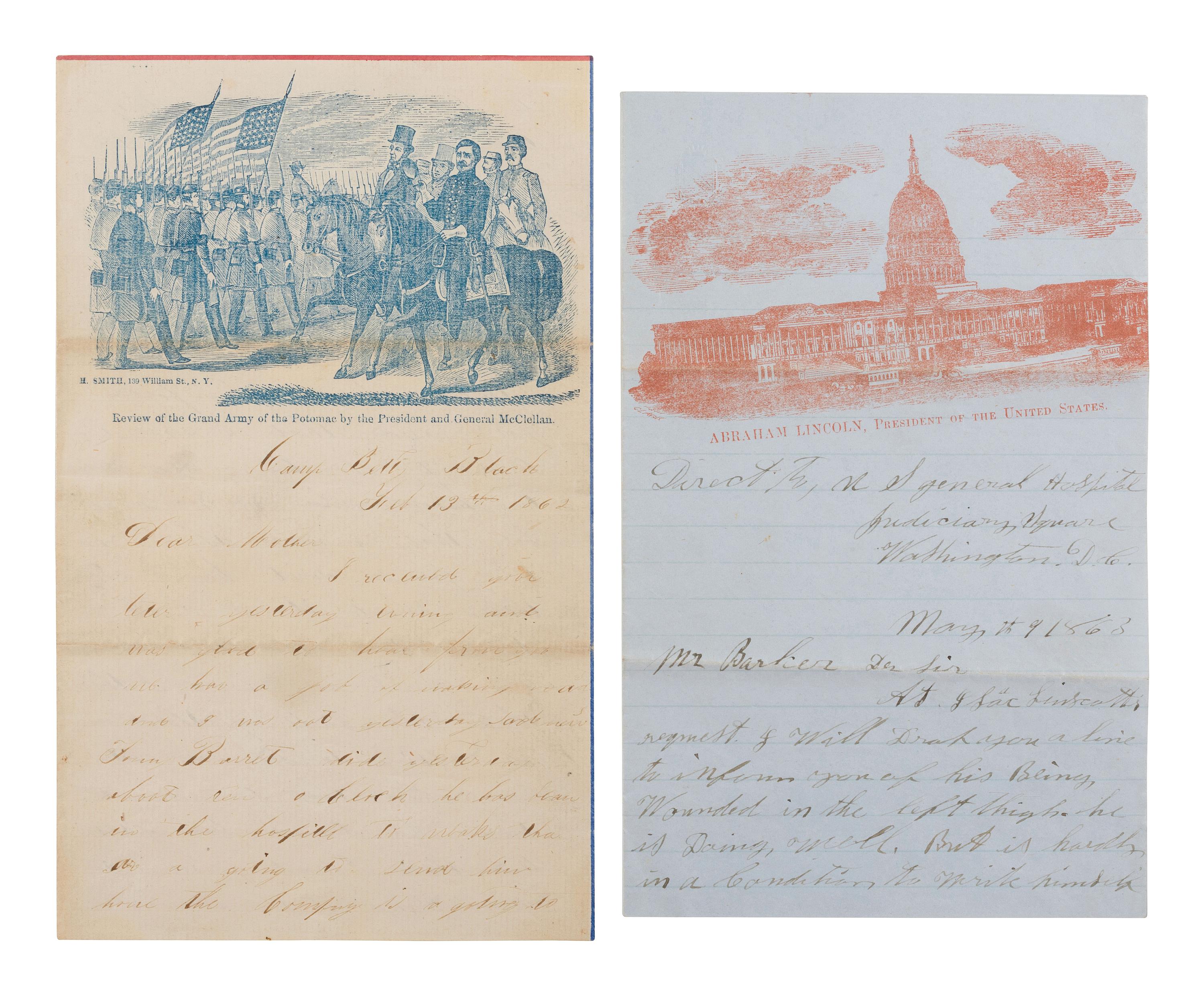 [LINCOLNIANA - CIVIL WAR]. Two illustrated lettersheets, both with soldier's letters.