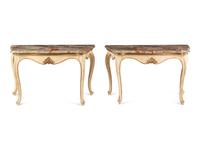 A Pair of Italian Painted and Parcel-Gilt Marble-Top Console Tables