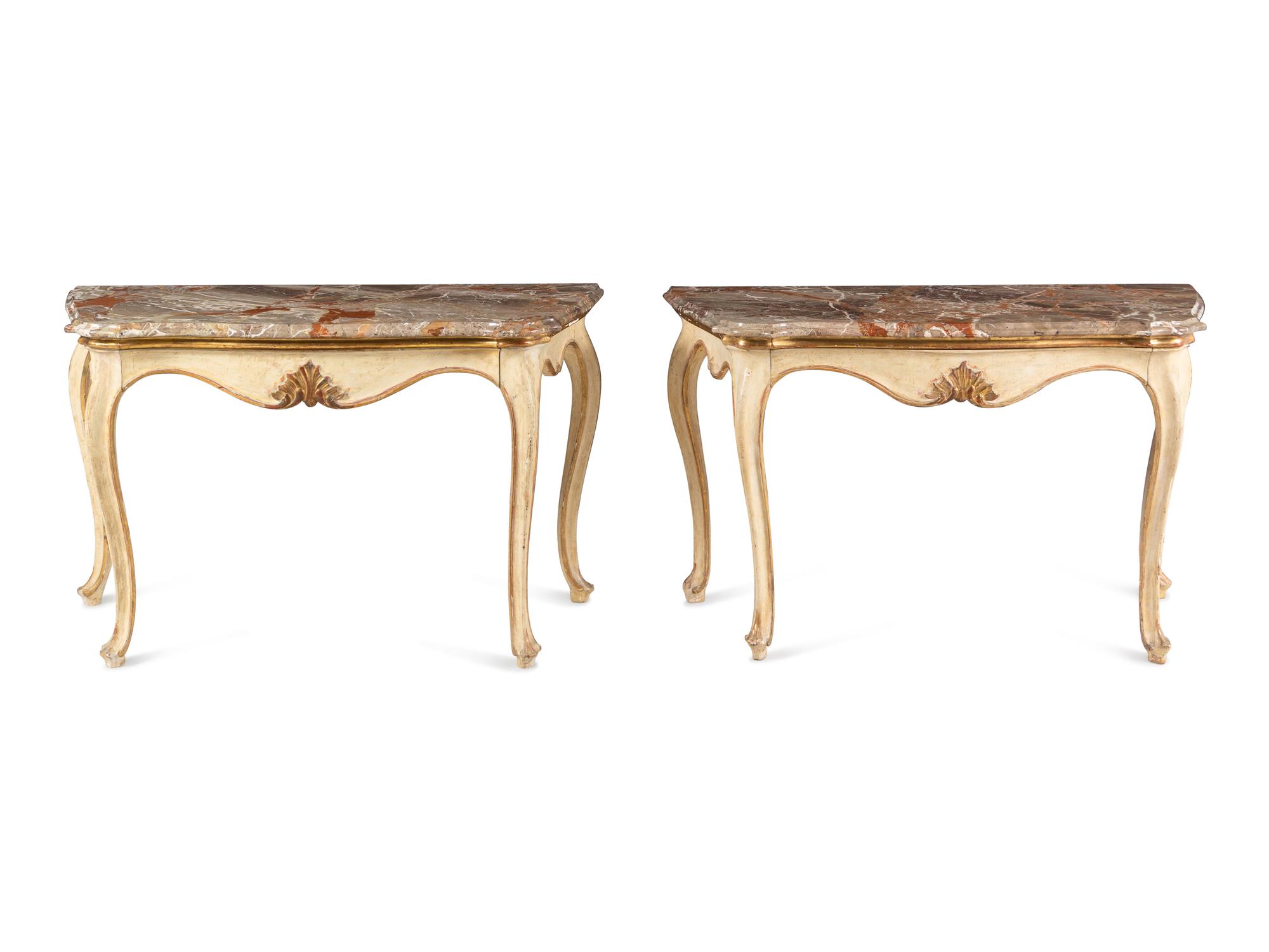A Pair of Italian Painted and Parcel-Gilt Marble-Top Console Tables