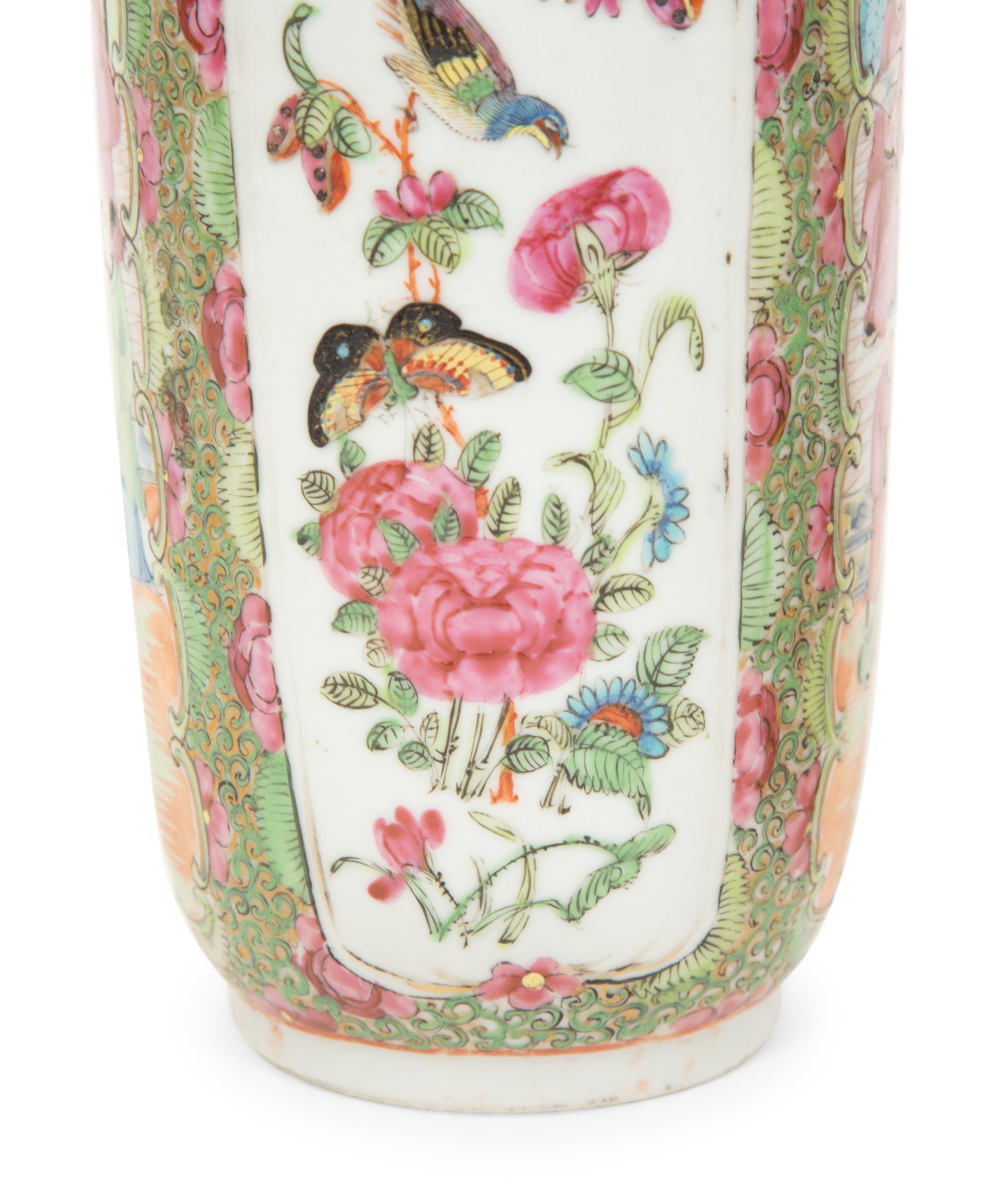 A Pair of Chinese Export Canton Famille Rose Rouleau-form Vases