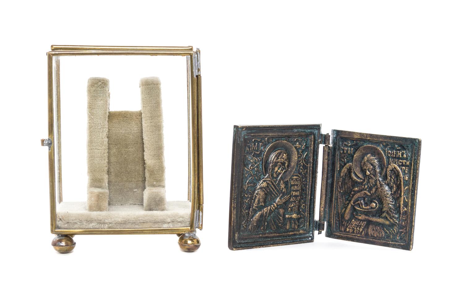 An Eastern European Bronze Diptych Icon Height 2 3/4 x width 4 4/3 inches. — 19TH CENTURY