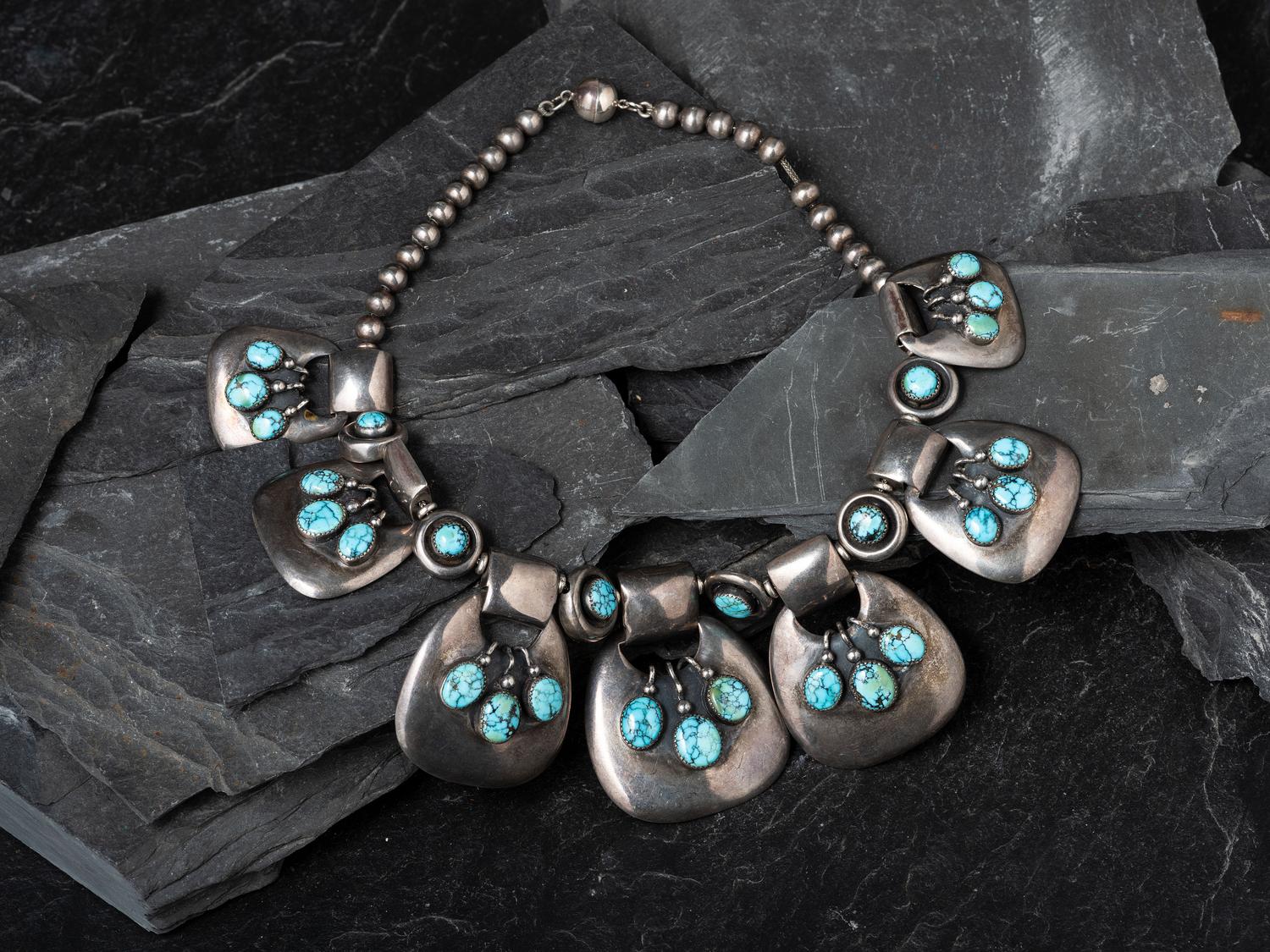 Southwestern-style Turquoise Cluster and Sterling Silver Necklace