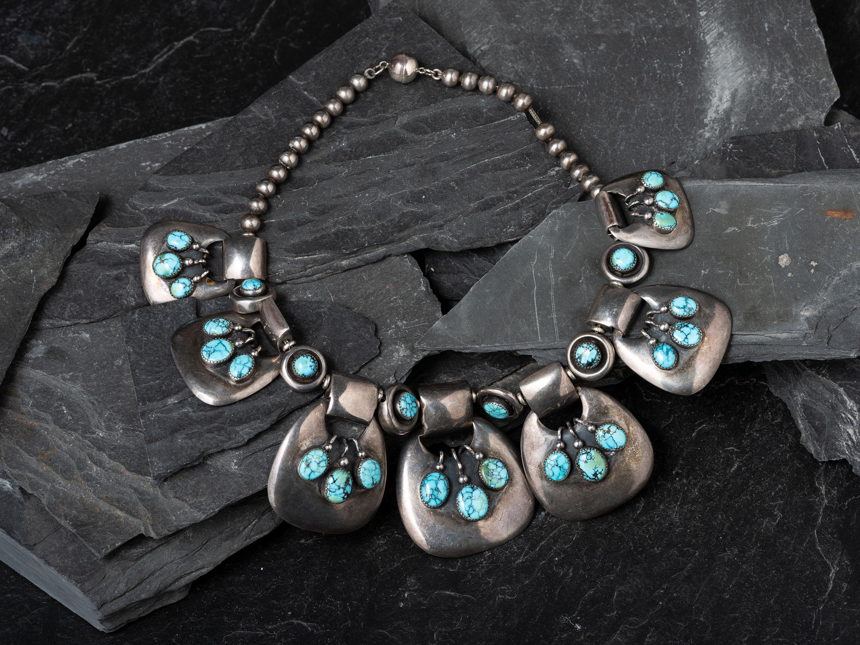 Southwestern-style Turquoise Cluster and Sterling Silver Necklace