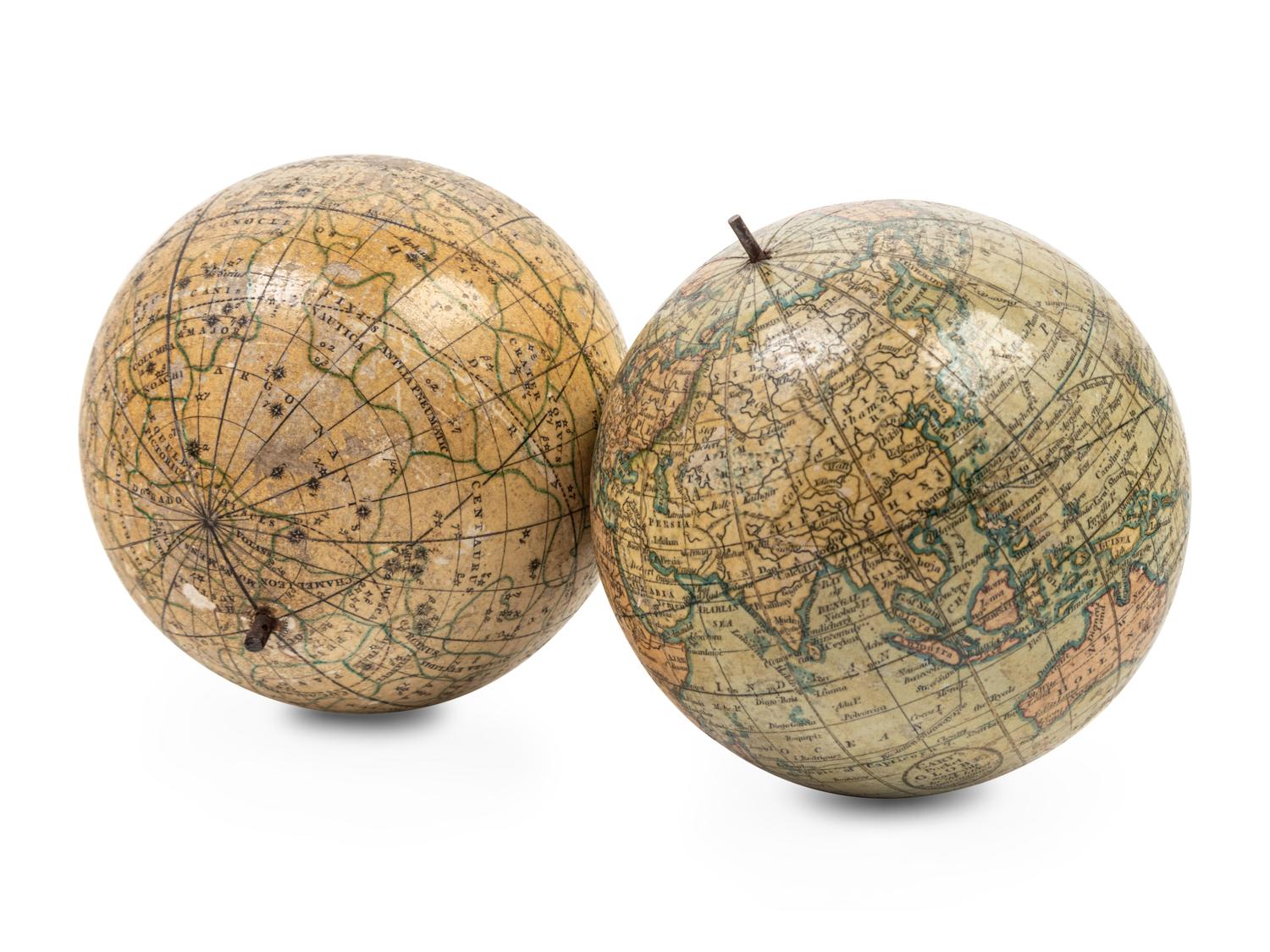 Two English Three-Inch Terrestrial and Celestial Pocket Globes