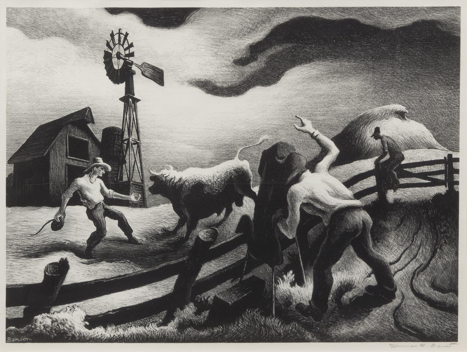 Thomas Hart Benton, (American, 1889-1975), Photographing the Bull, 1950