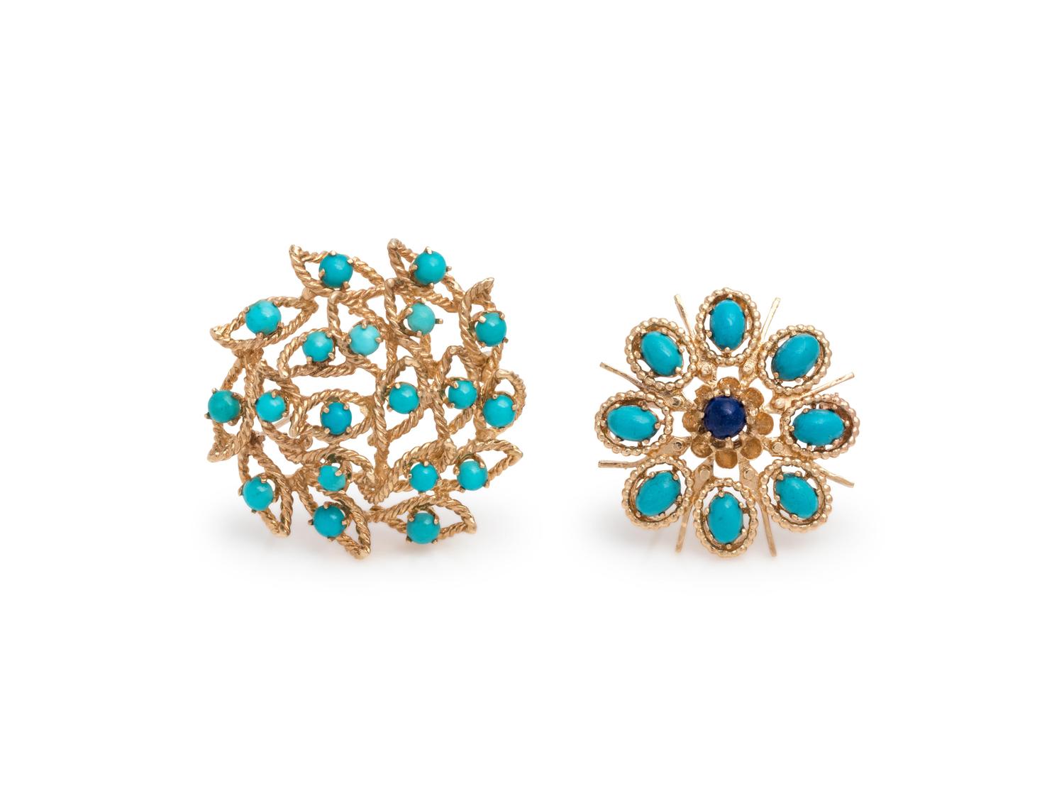 COLLECTION OF YELLOW GOLD AND TURQUOISE BROOCHES