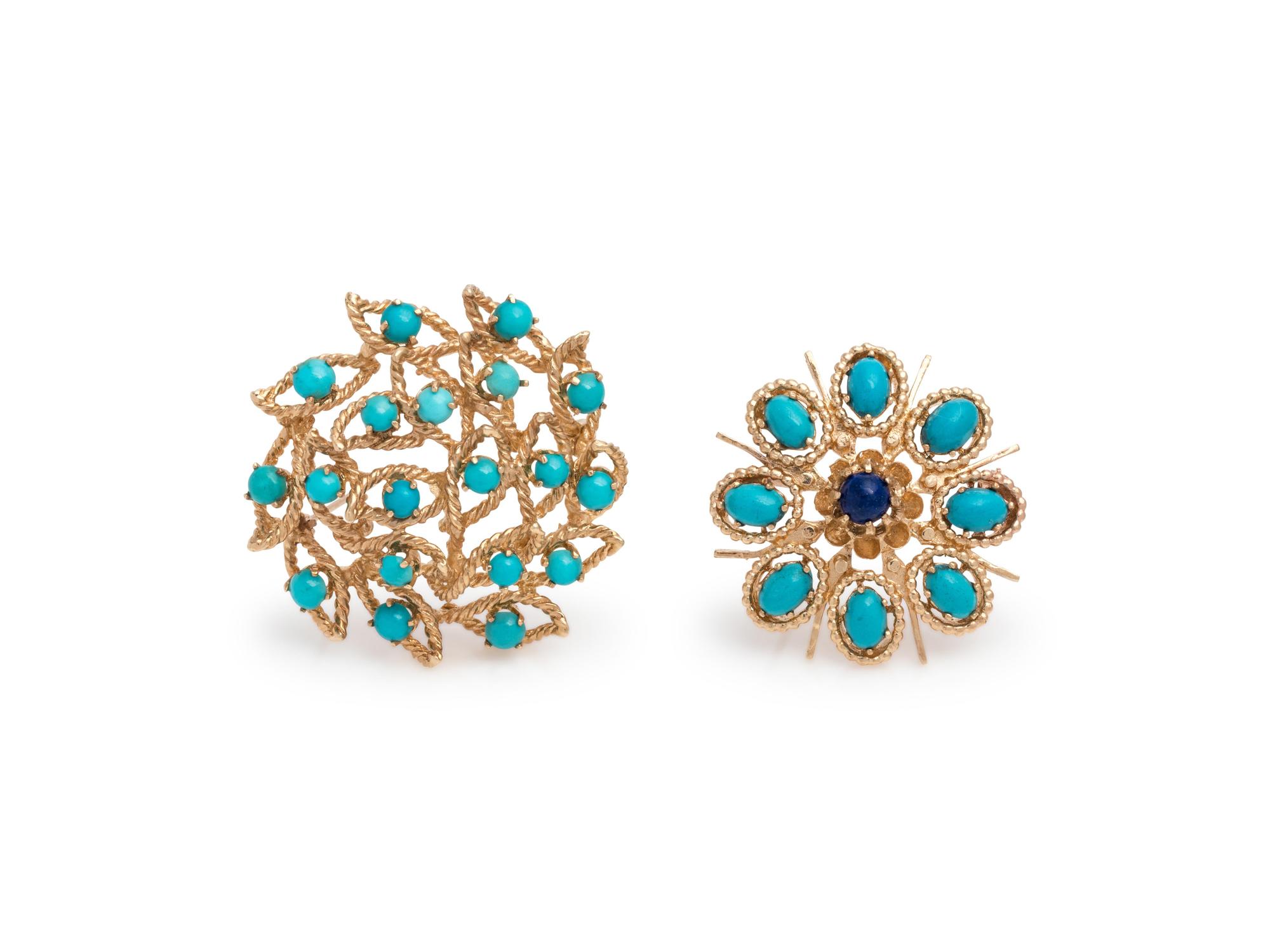 COLLECTION OF YELLOW GOLD AND TURQUOISE BROOCHES
