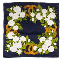 A Chanel Navy Silk Camelia Scarf, 38" x 38".